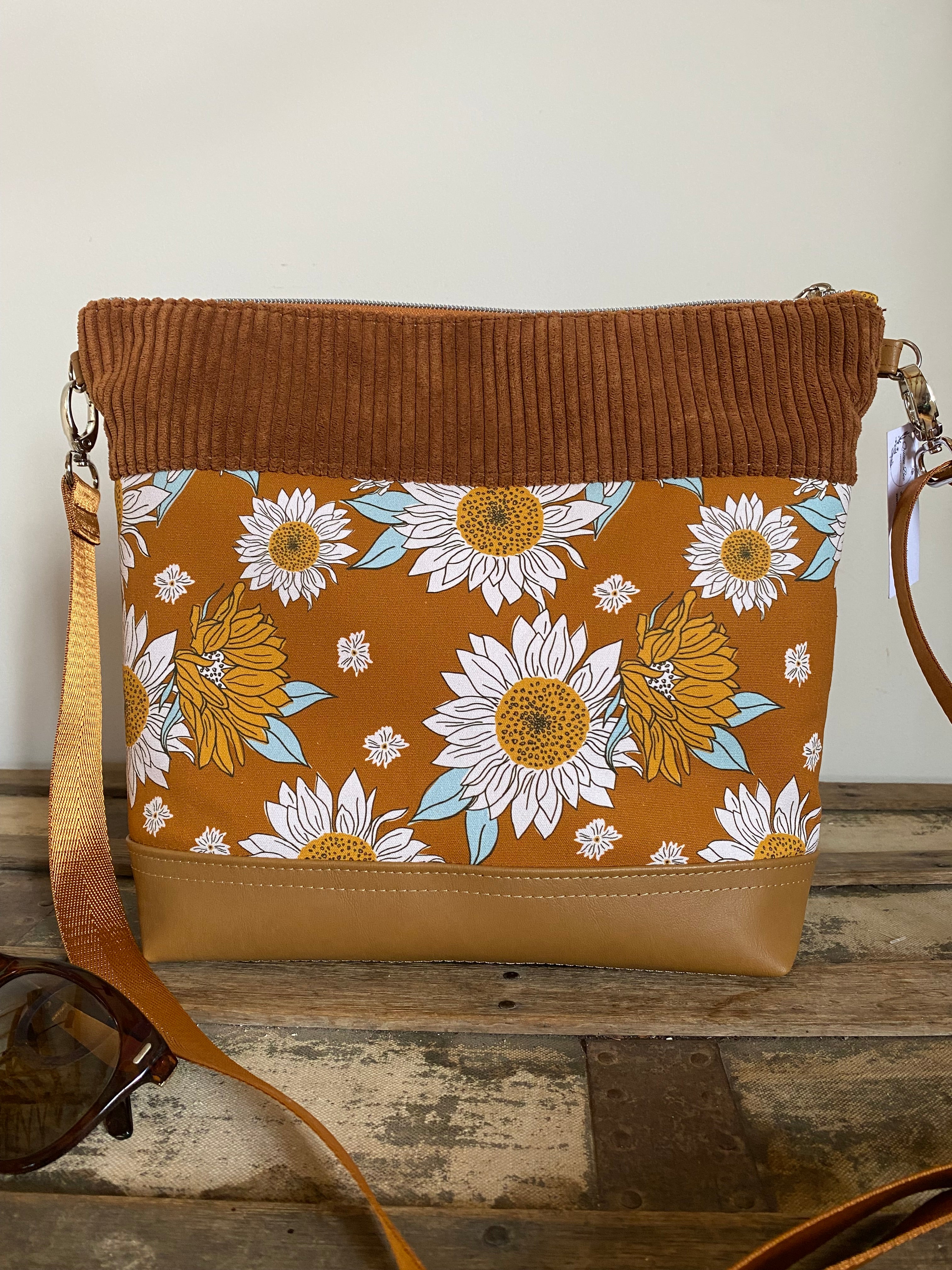 Lola Crossbody Bag - Sunflowers on Mustard with Tan Faux Leather