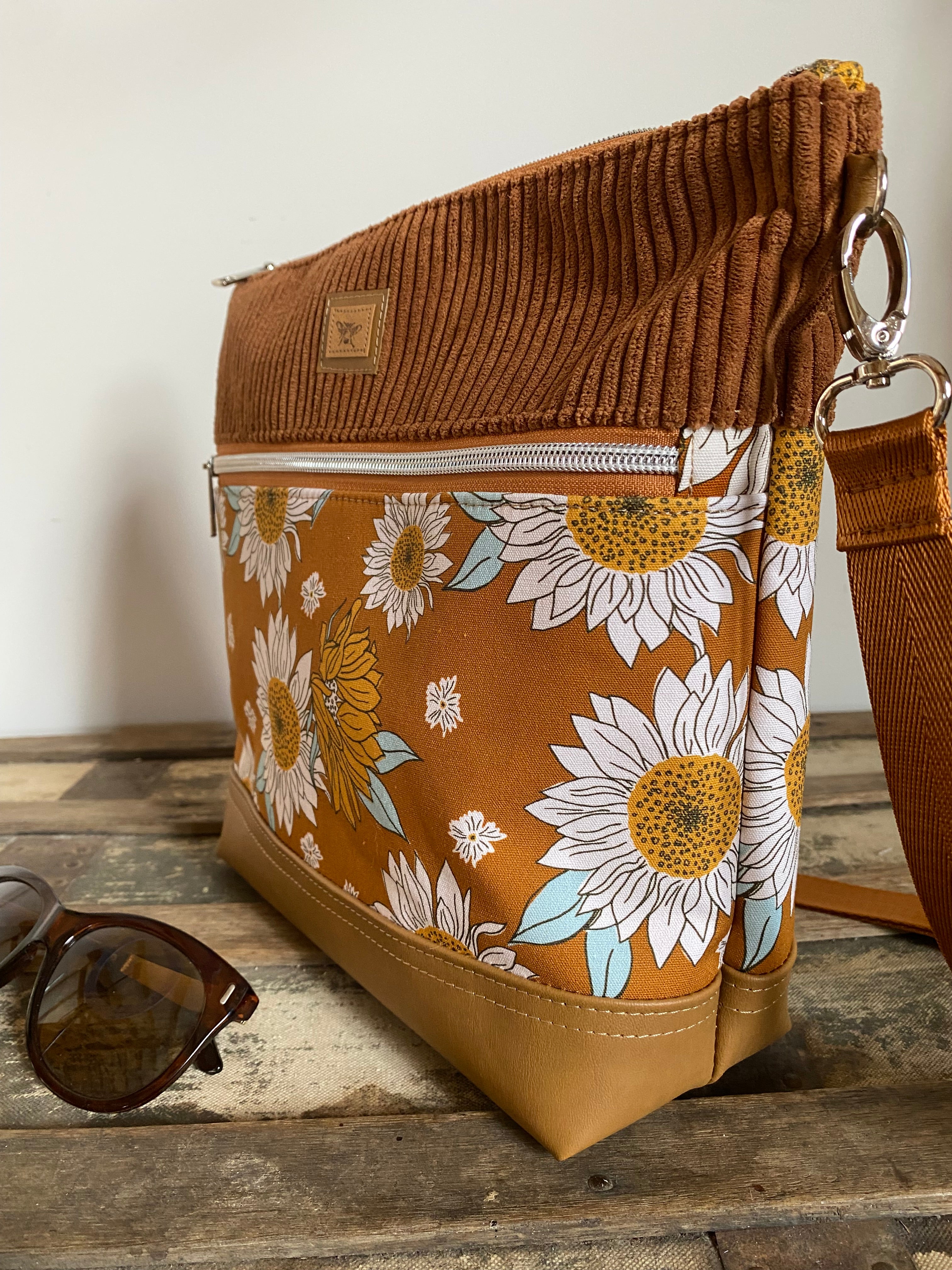 Lola Crossbody Bag - Sunflowers on Mustard with Tan Faux Leather