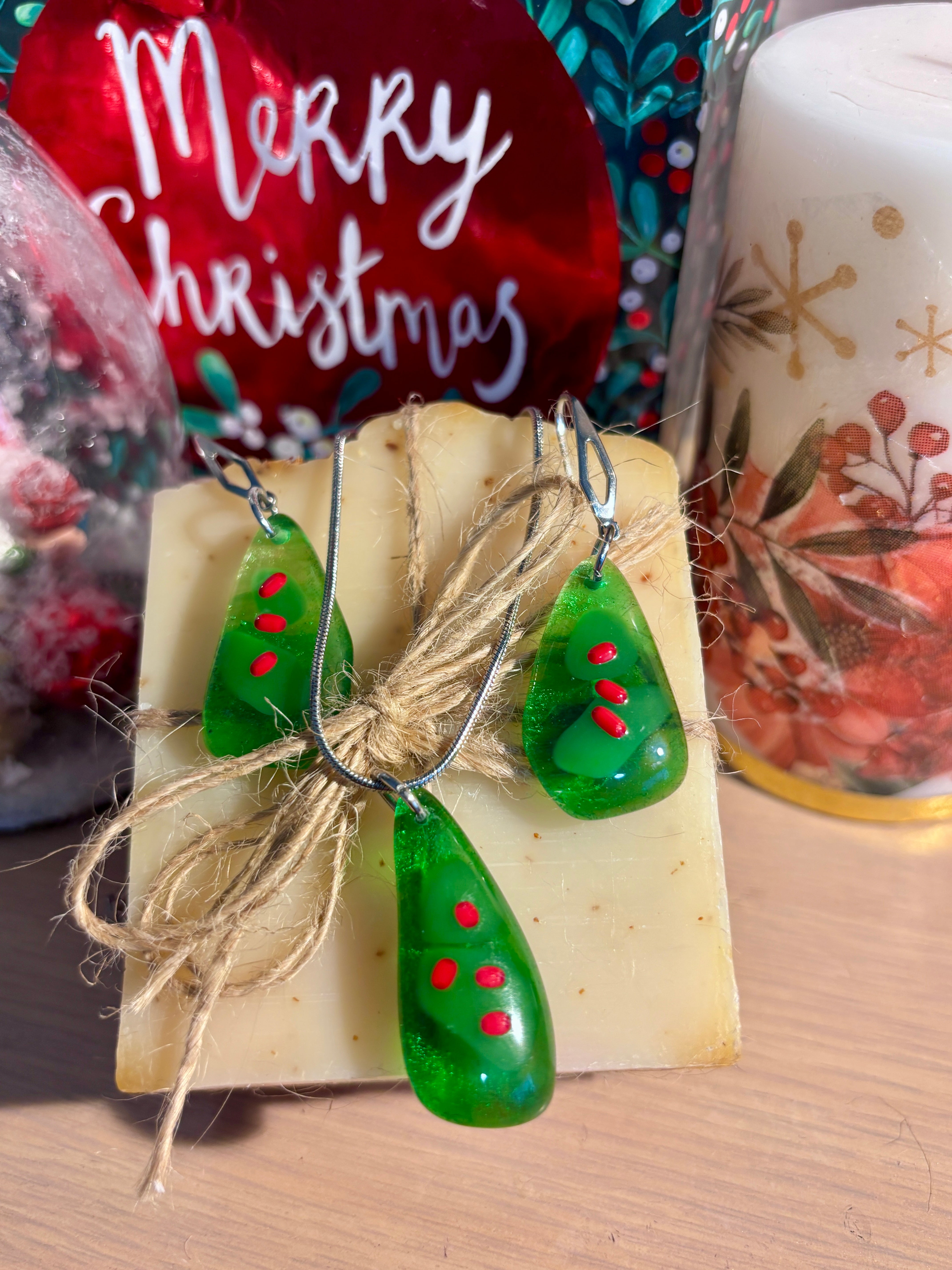 Fused Glass Christmas Tree Necklace & Earrings Set