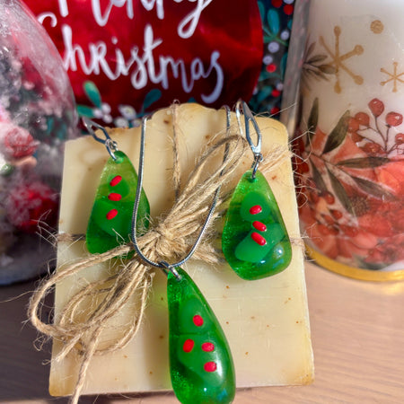 Fused Glass Christmas Tree Necklace & Earrings Set