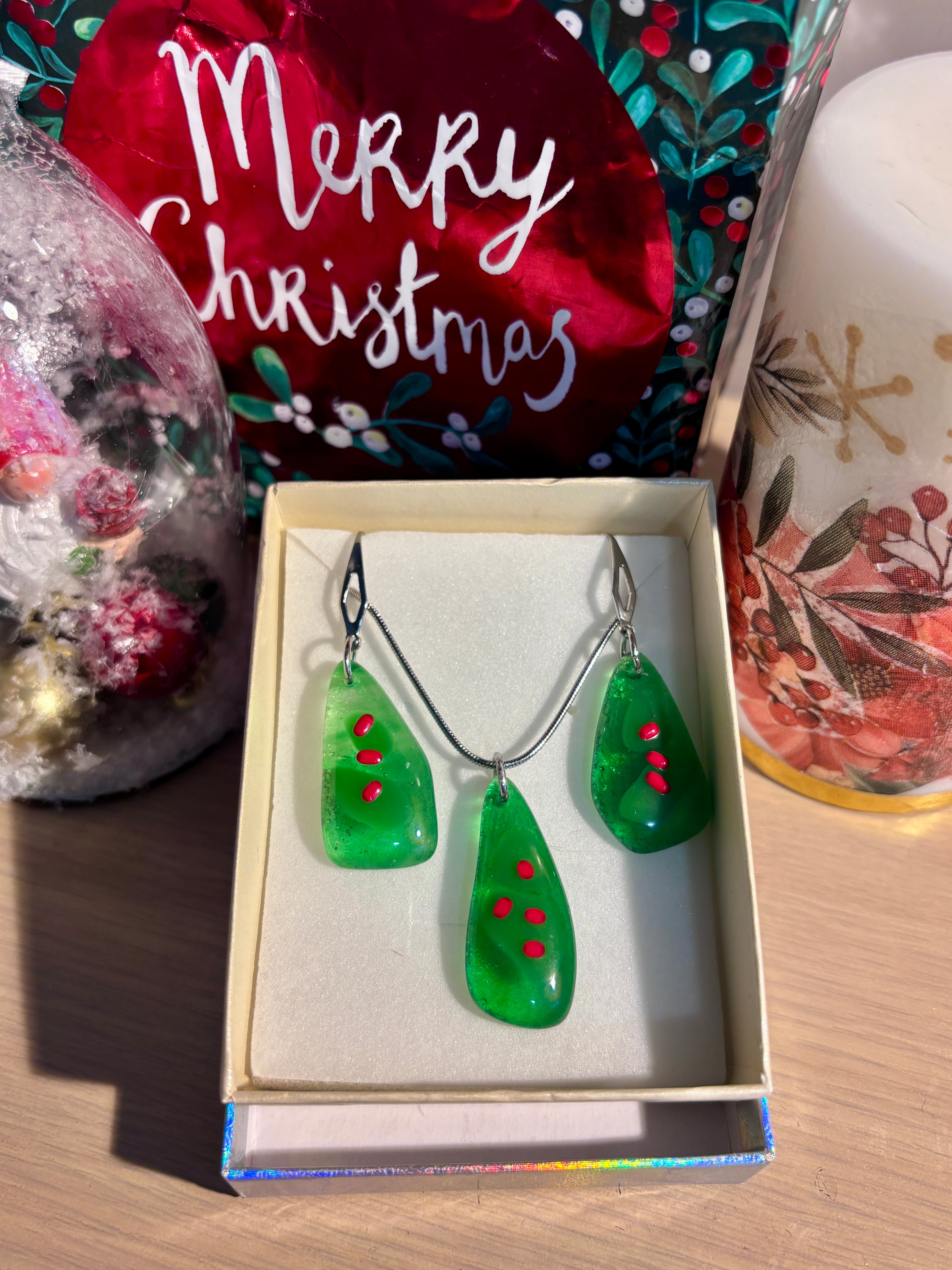 Fused Glass Christmas Tree Necklace & Earrings Set