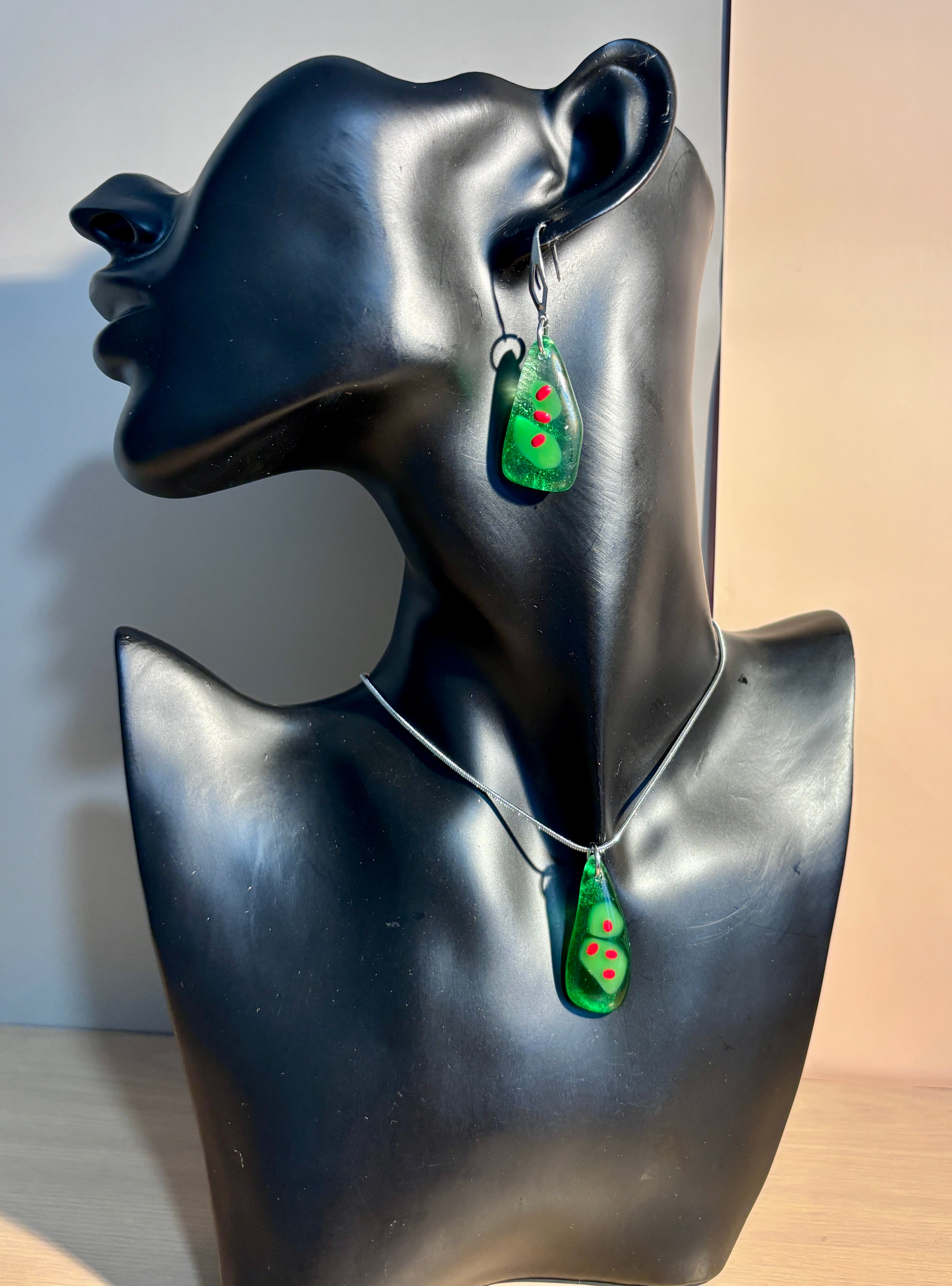 Fused Glass Christmas Tree Necklace & Earrings Set