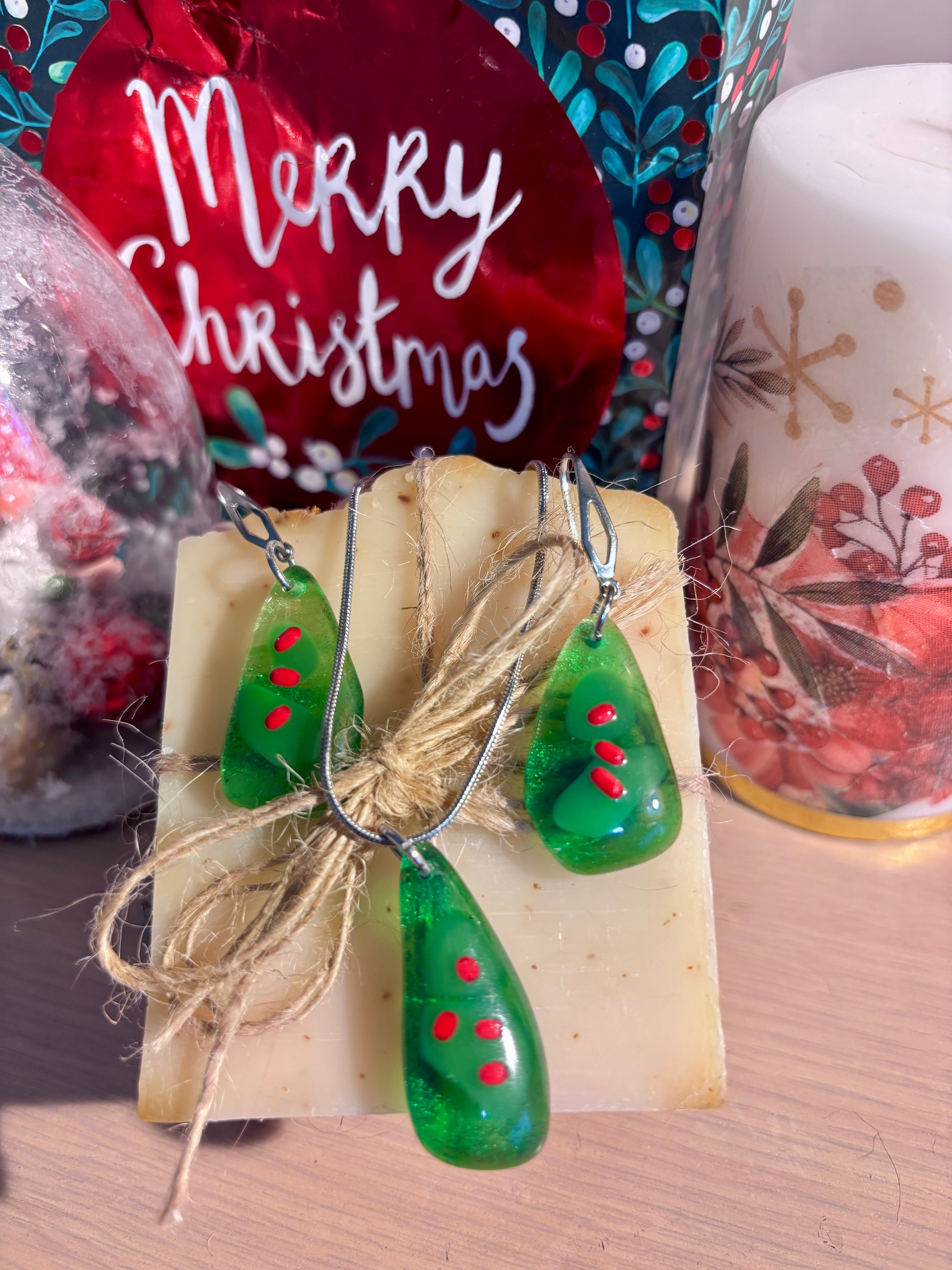 Fused Glass Christmas Tree Necklace & Earrings Set