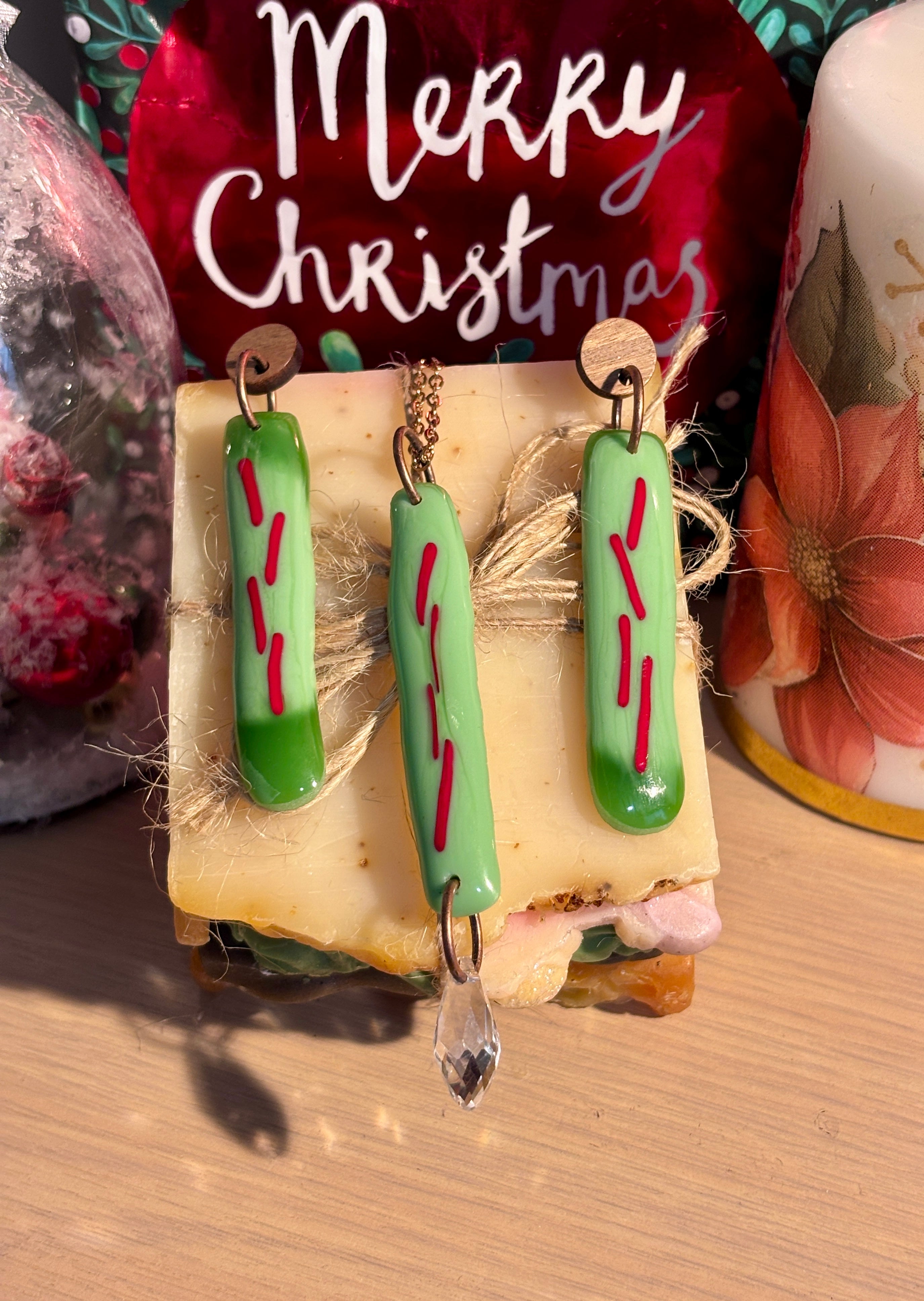 Fused Glass Christmas-themed Necklace & Earrings Set