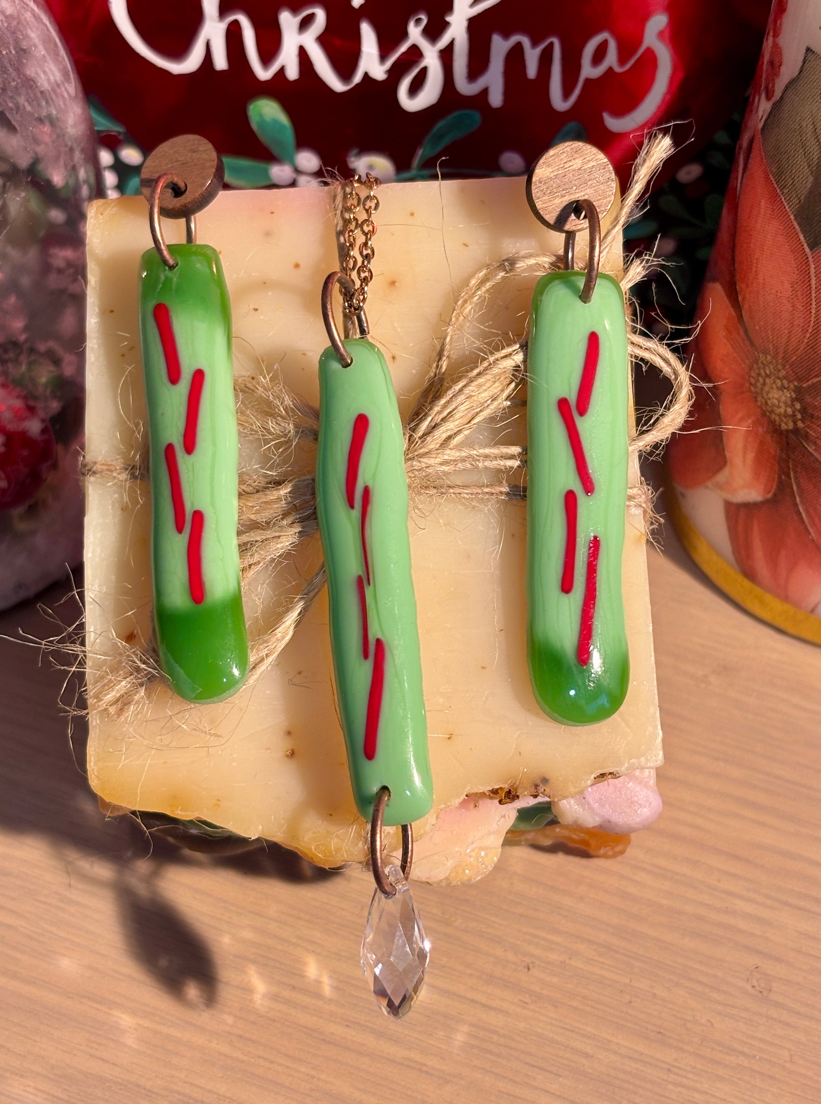 Fused Glass Christmas-themed Necklace & Earrings Set