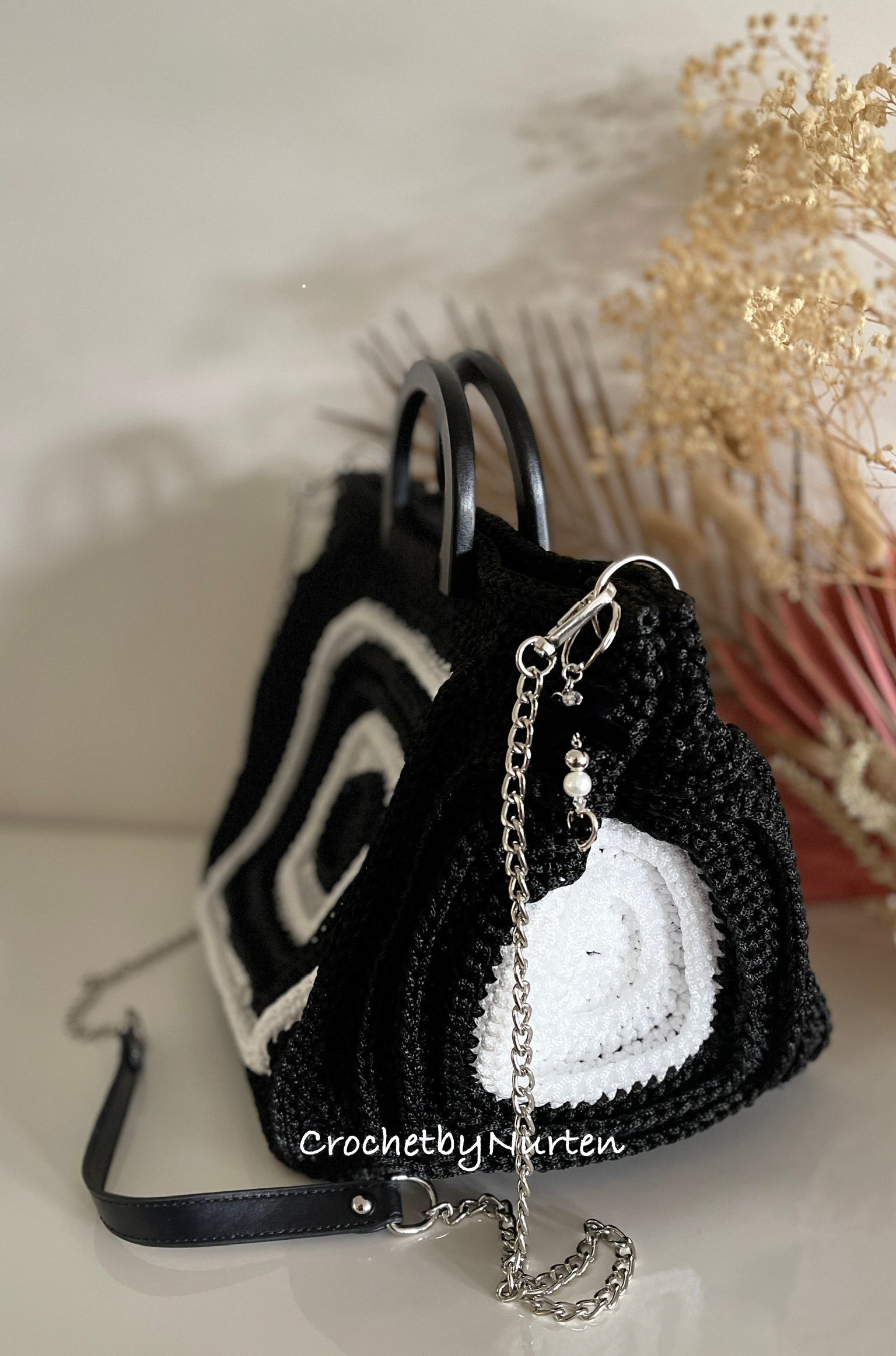 Black & White Geometric Crochet Bag, Fully Lined, Detachable Silver Chain, 35 x 27 cm