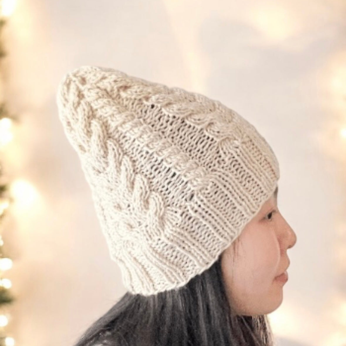Hand knit Cable Knitted knit hat in ecru