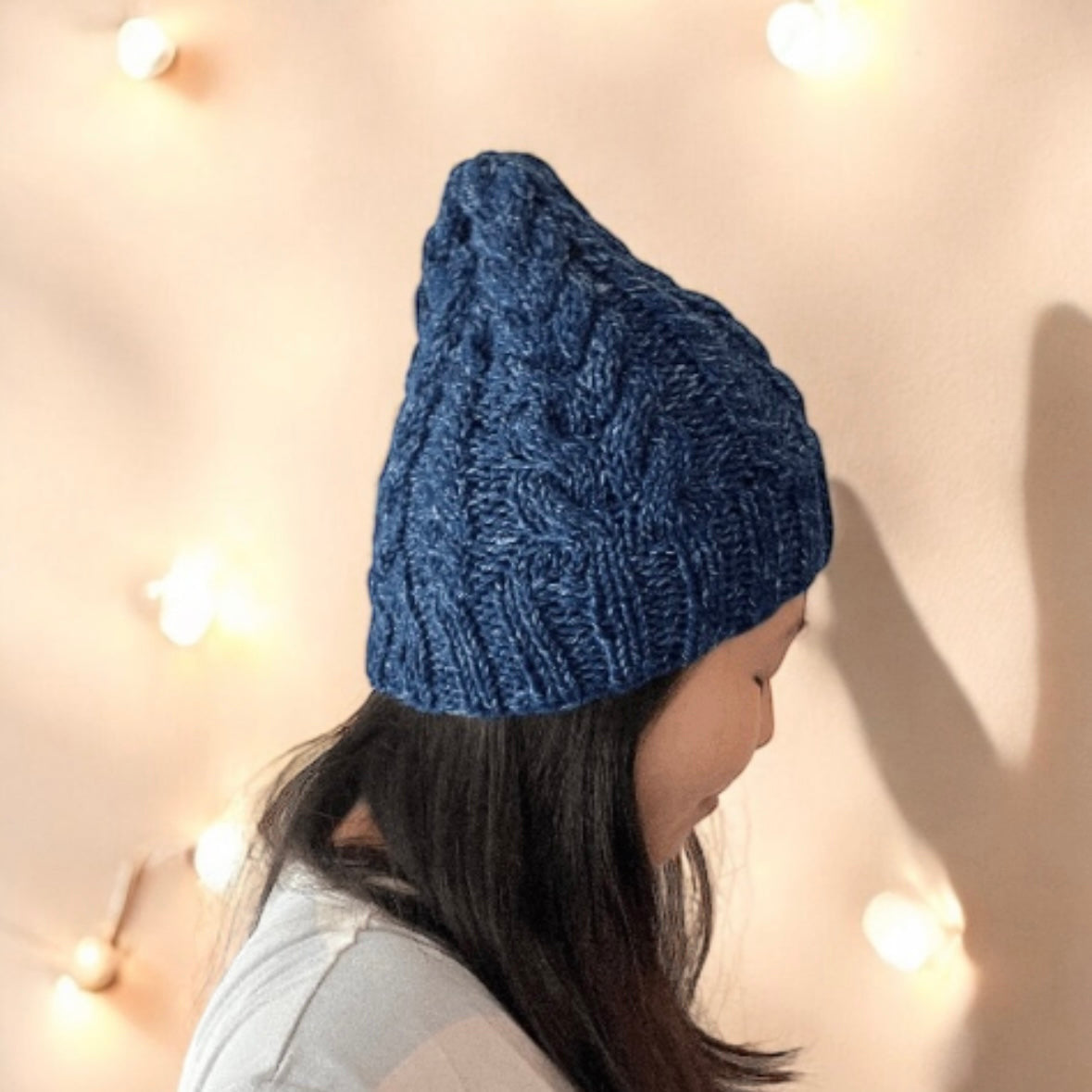 Hand knit Dark Blue Cable Knitted Beanie with Denim Effect