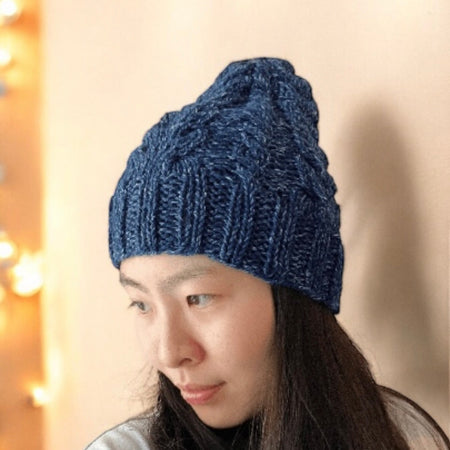 Hand knit Dark Blue Cable Knitted Beanie with Denim Effect