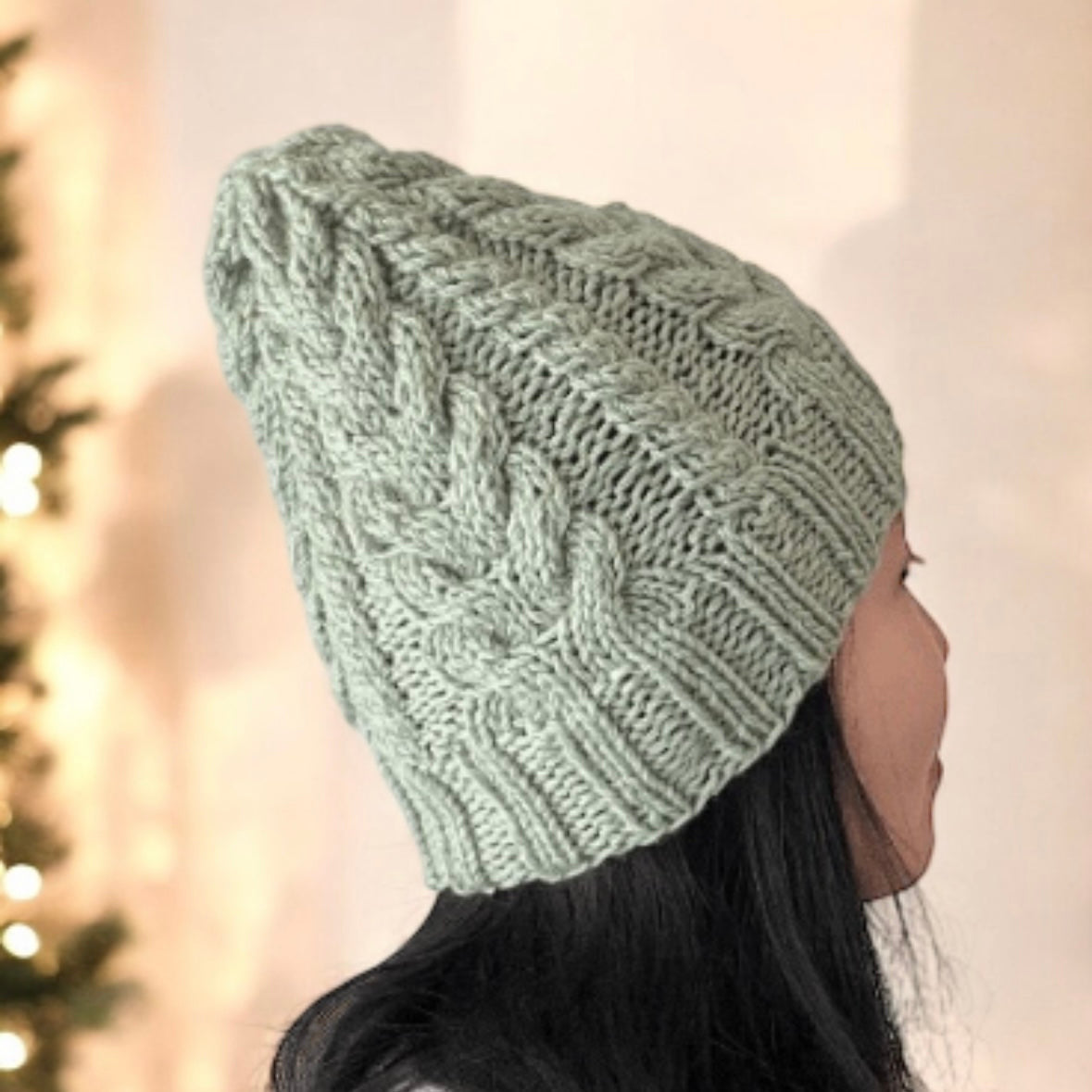 Hand knit Sage green colour cable knit beanie