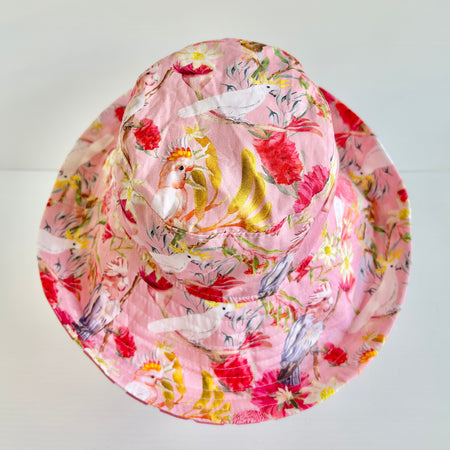 Summer hat in pretty birds and floral fabric