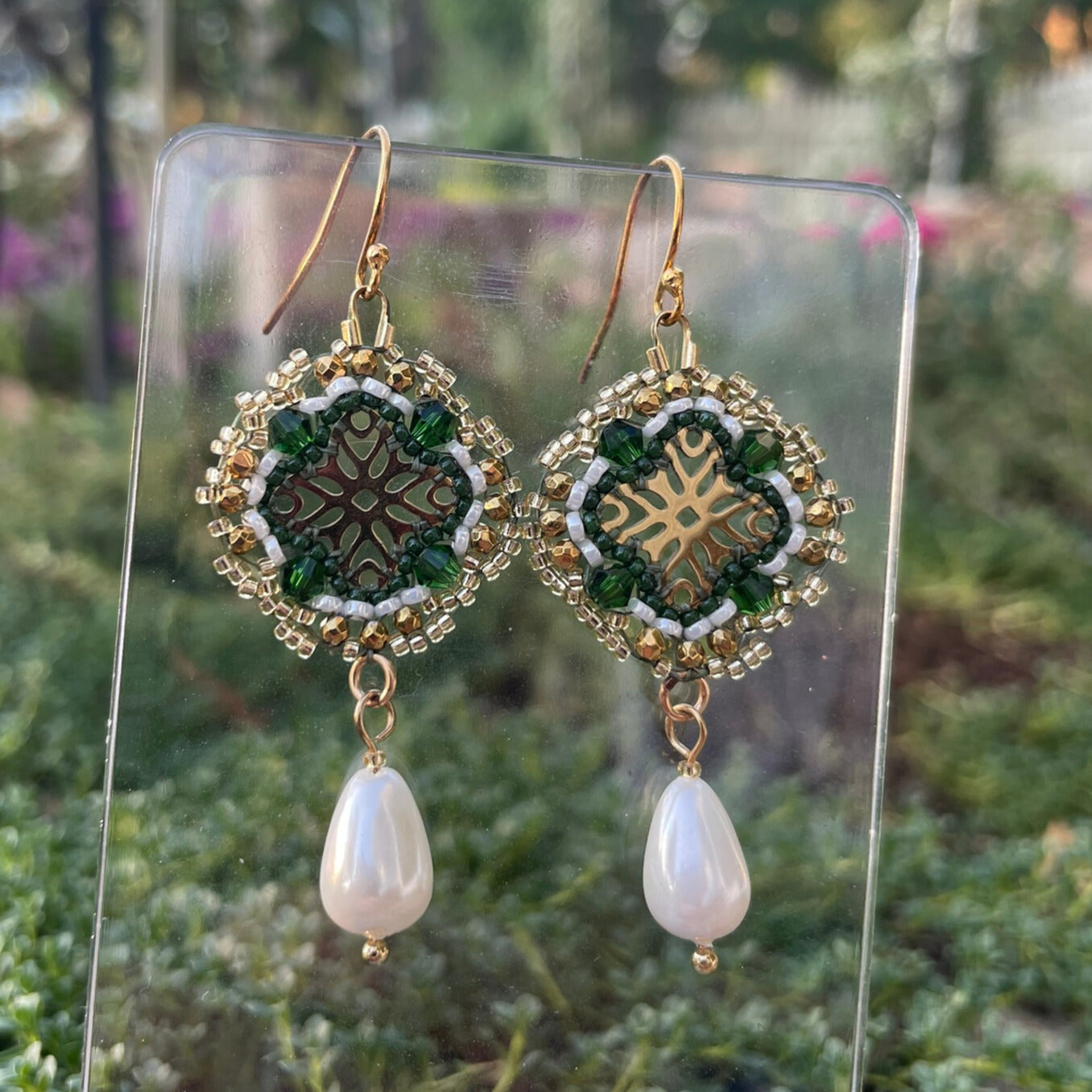 Green and gold beaded detailed earrings