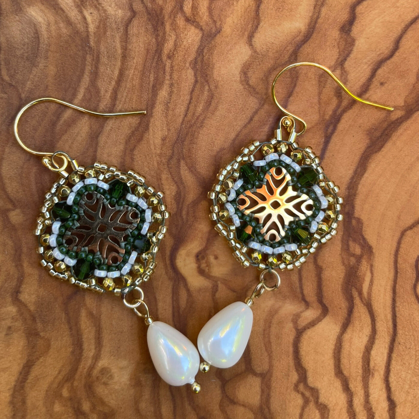 Green and gold beaded detailed earrings