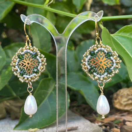 Green and gold beaded detailed earrings