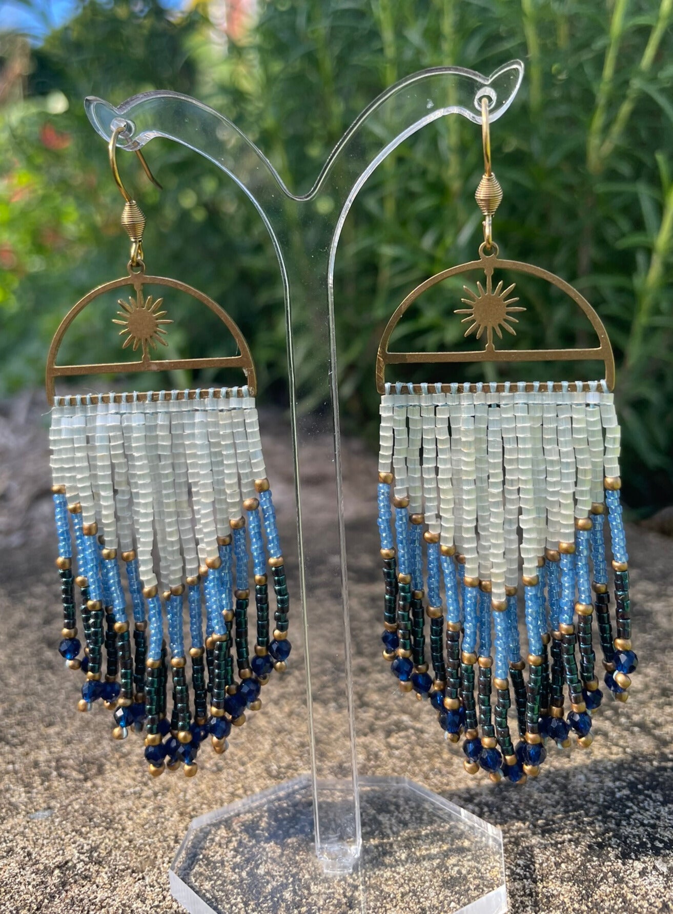Bohemian blue and brass beaded fringe earrings