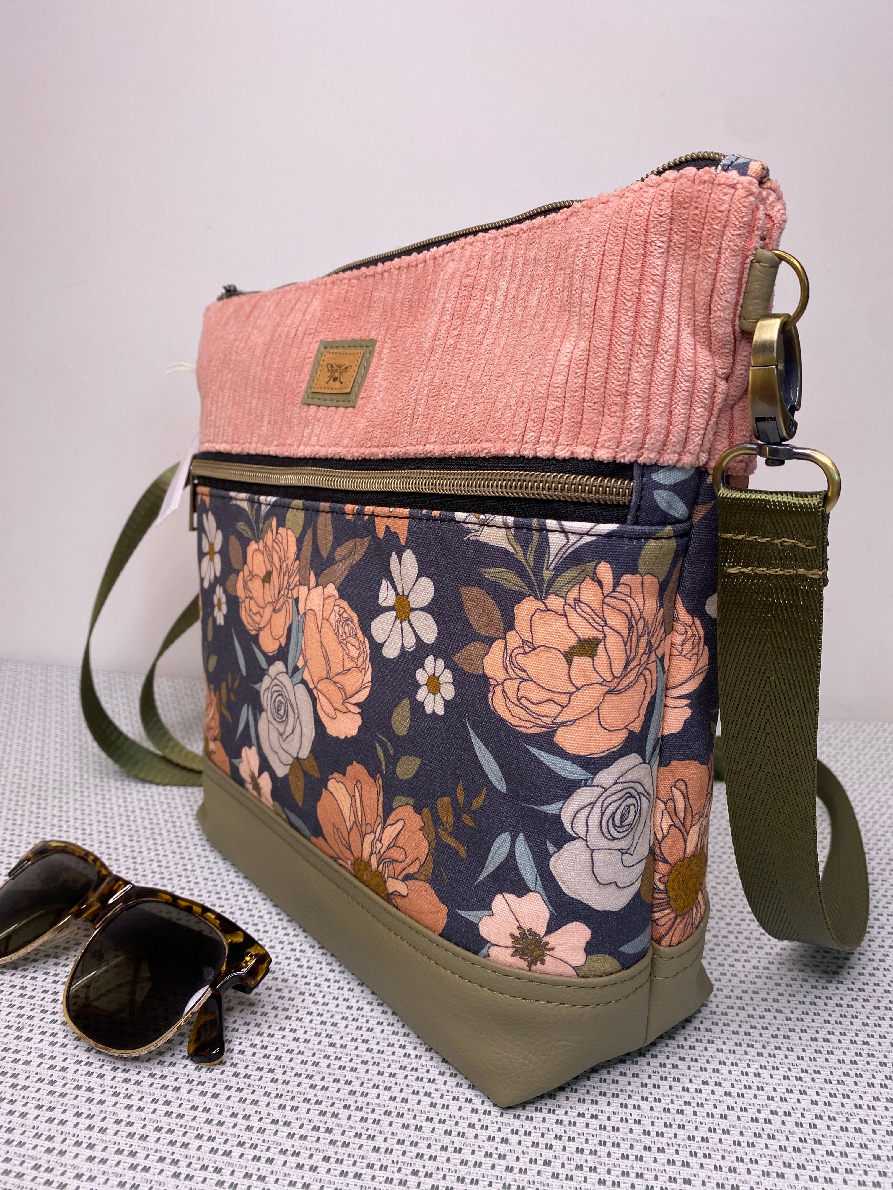 Lola Crossbody Bag - Pink Roses, Pink Corduroy and Olive Green Faux Leather