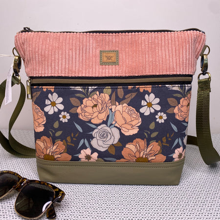 Lola Crossbody Bag - Pink Roses, Pink Corduroy and Olive Green Faux Leather