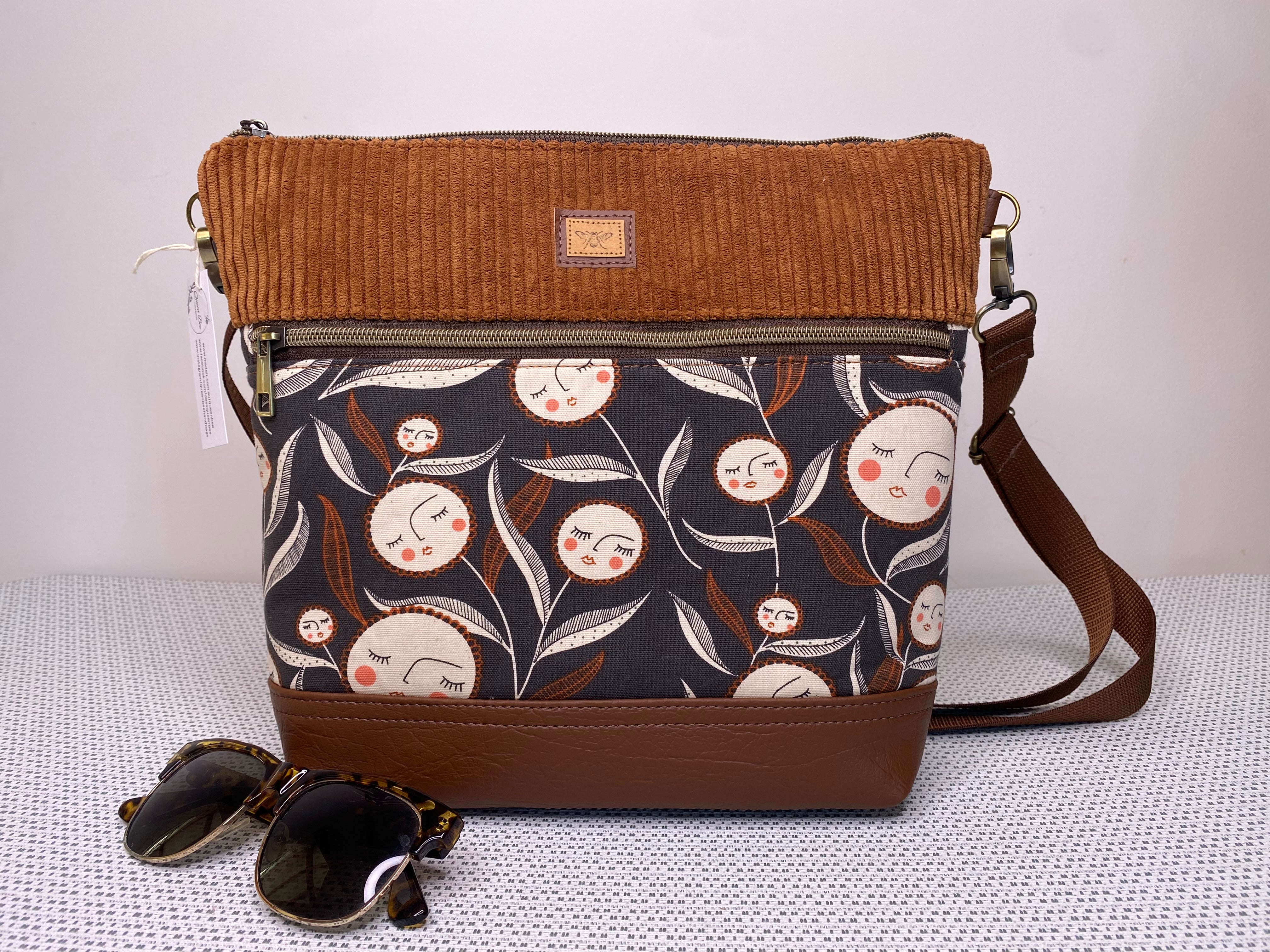 Lola Crossbody Bag - Flower Faces, Tan Corduroy and Brown Faux Leather