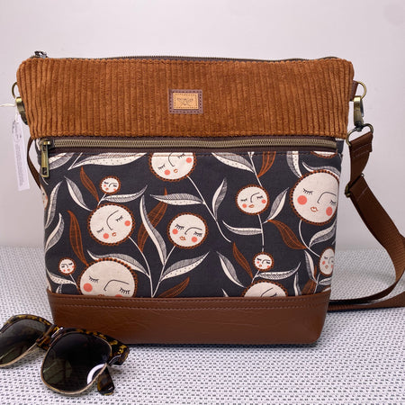Lola Crossbody Bag - Flower Faces, Tan Corduroy and Brown Faux Leather