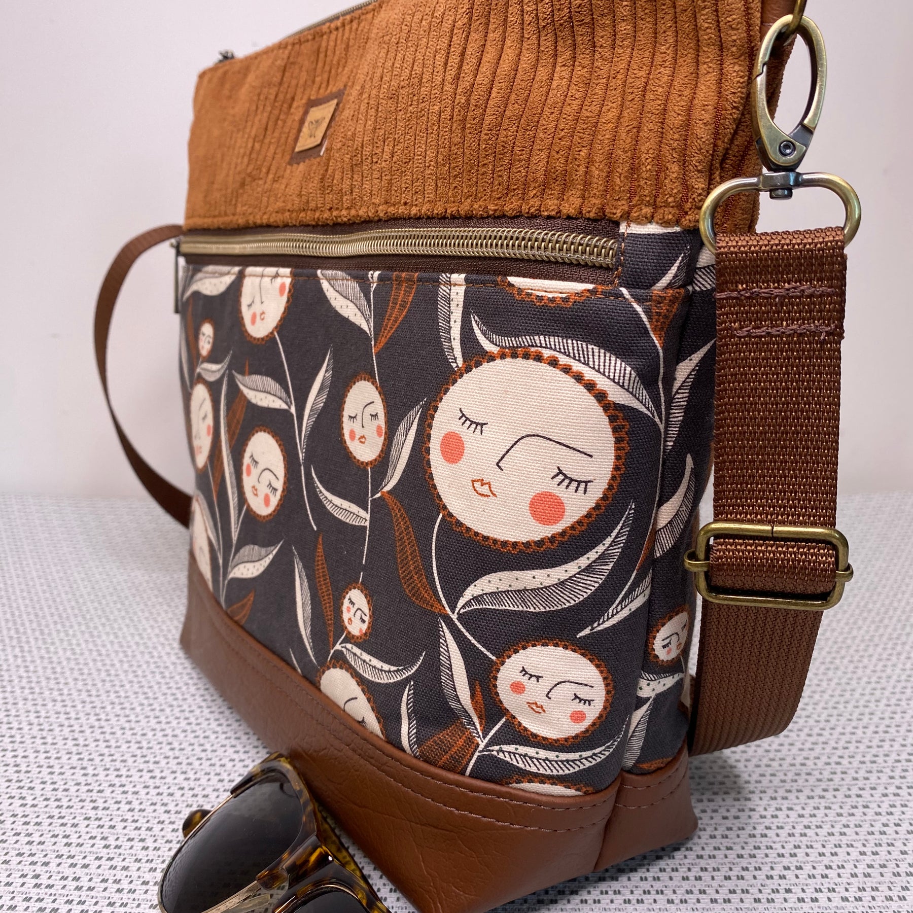 Lola Crossbody Bag - Flower Faces, Tan Corduroy and Brown Faux Leather