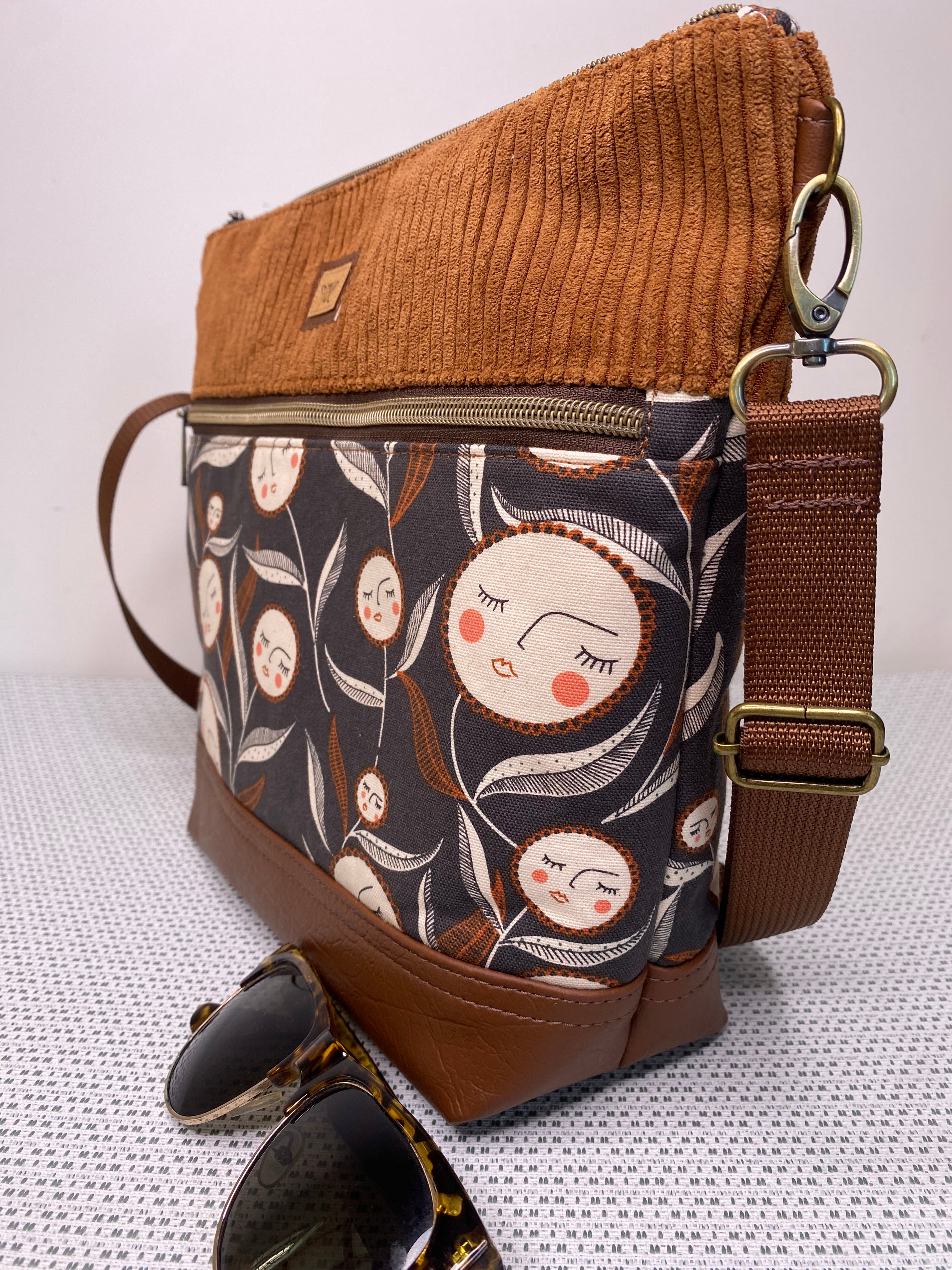 Lola Crossbody Bag - Flower Faces, Tan Corduroy and Brown Faux Leather