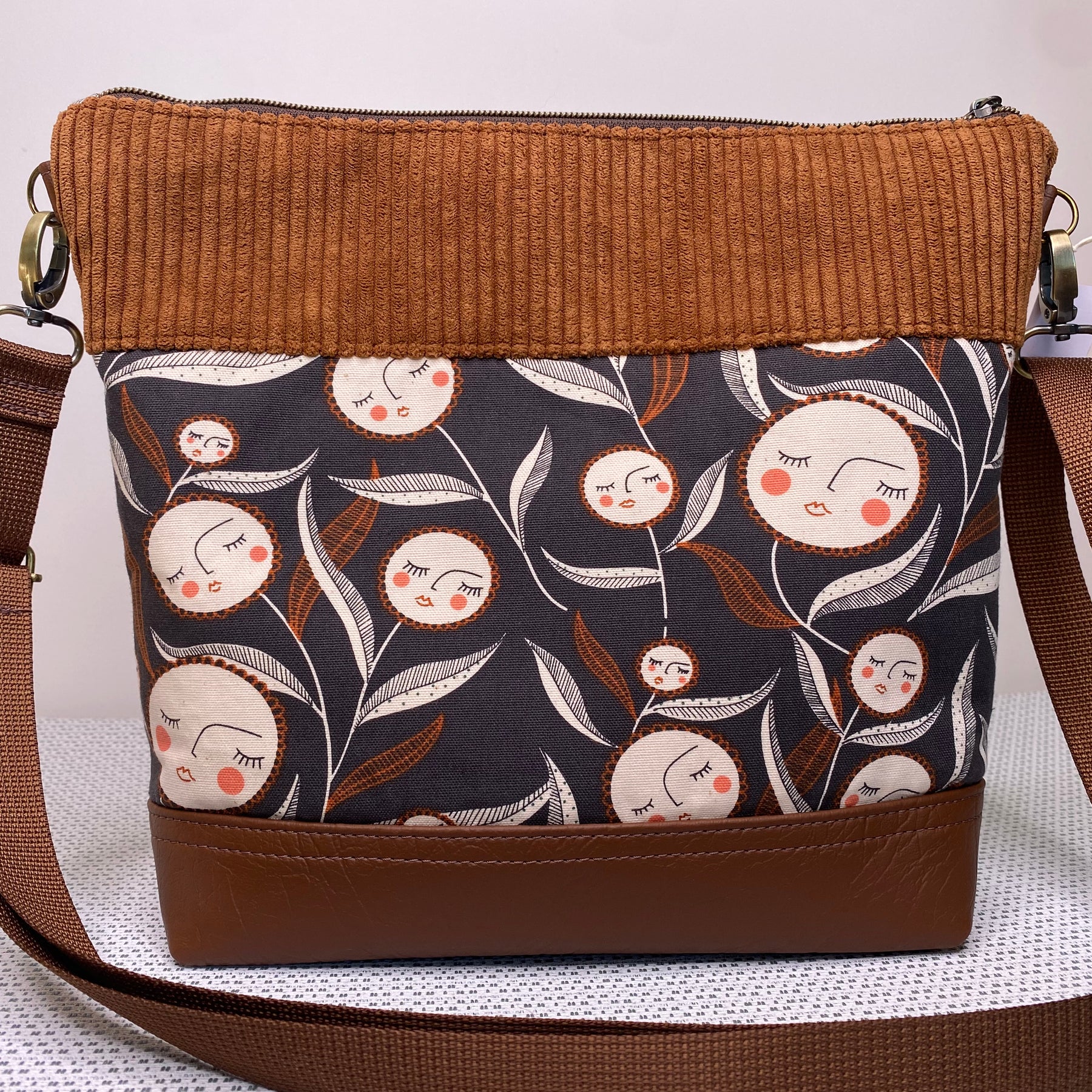 Lola Crossbody Bag - Flower Faces, Tan Corduroy and Brown Faux Leather