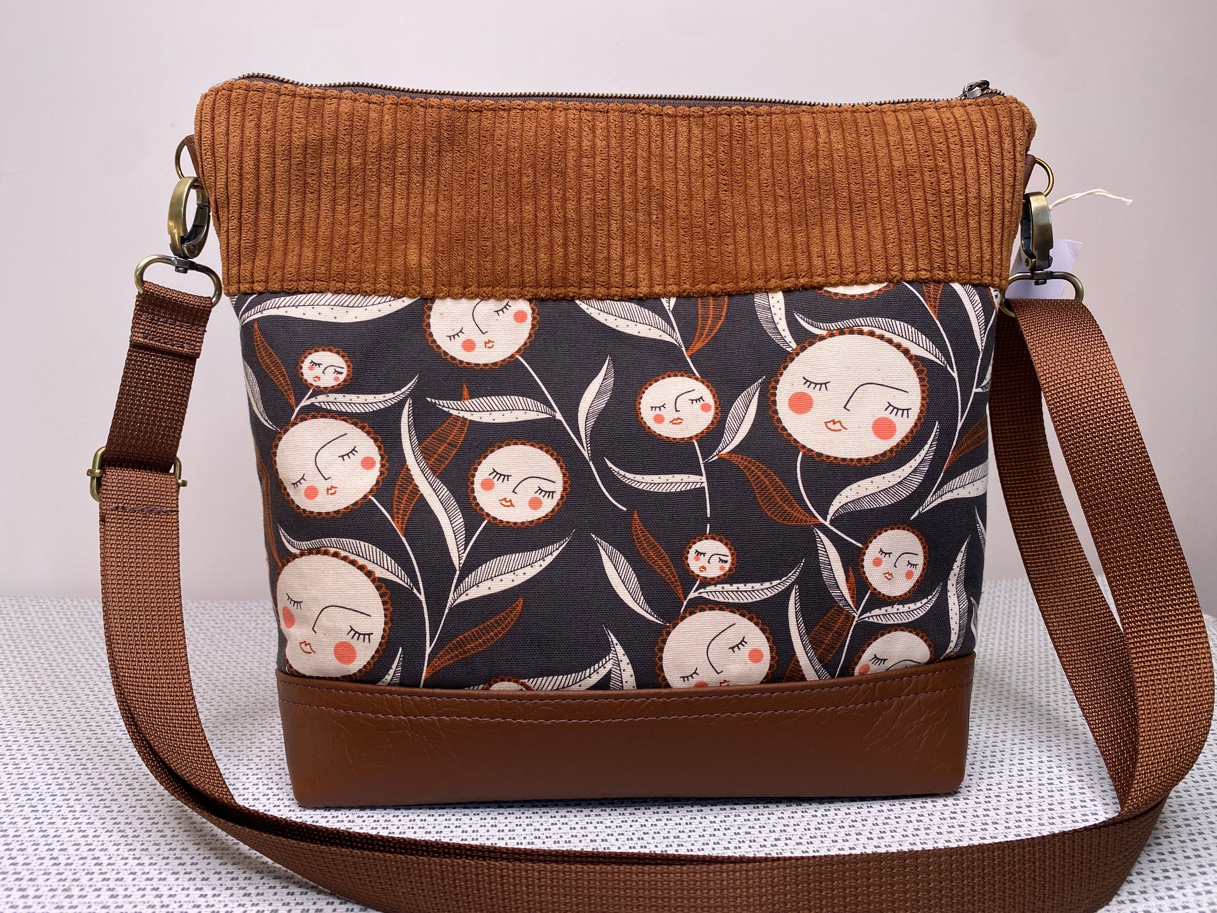 Lola Crossbody Bag - Flower Faces, Tan Corduroy and Brown Faux Leather