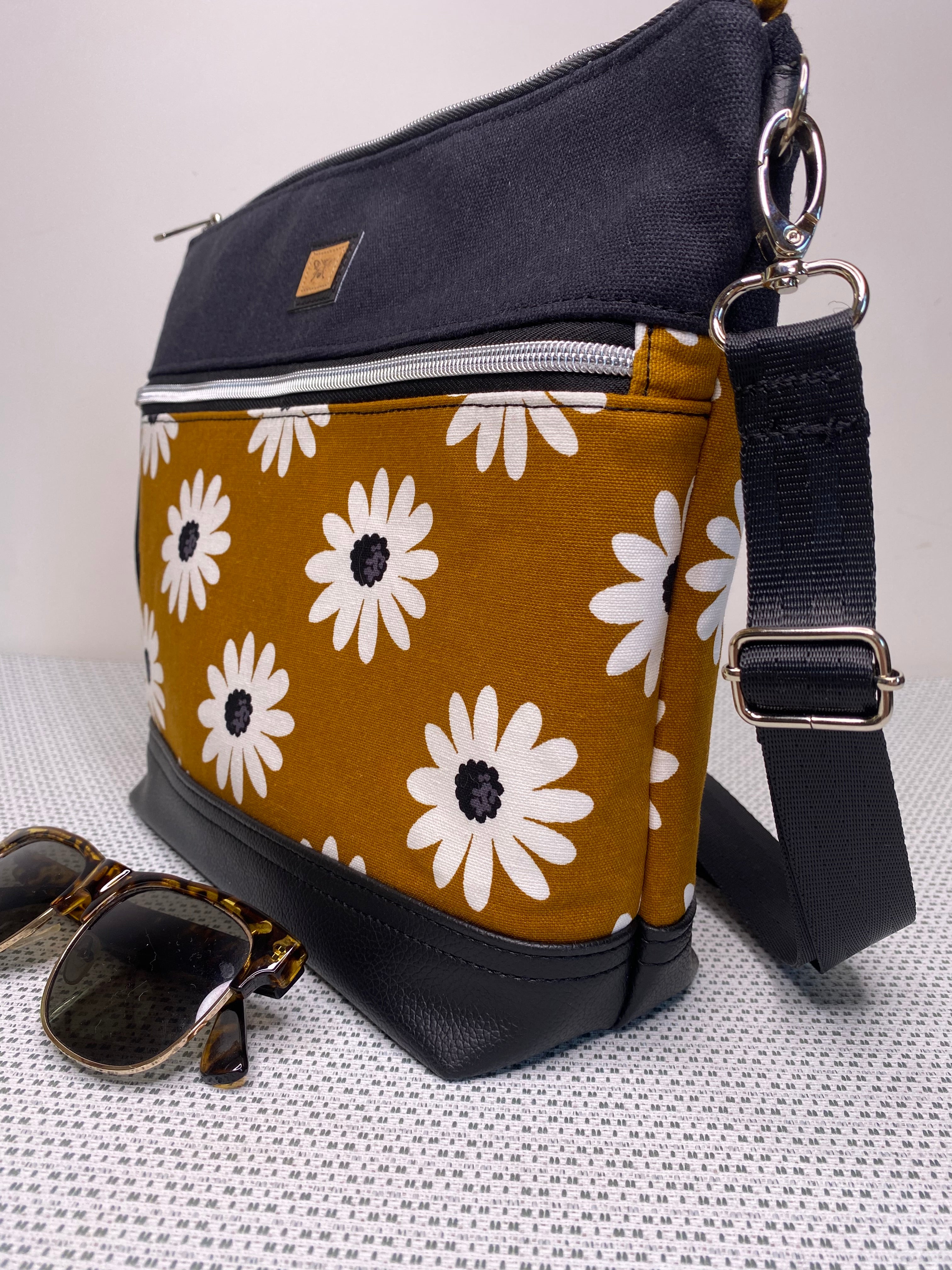 Lola Crossbody Bag - Daisies on Mustard Fabric and Black Faux Leather
