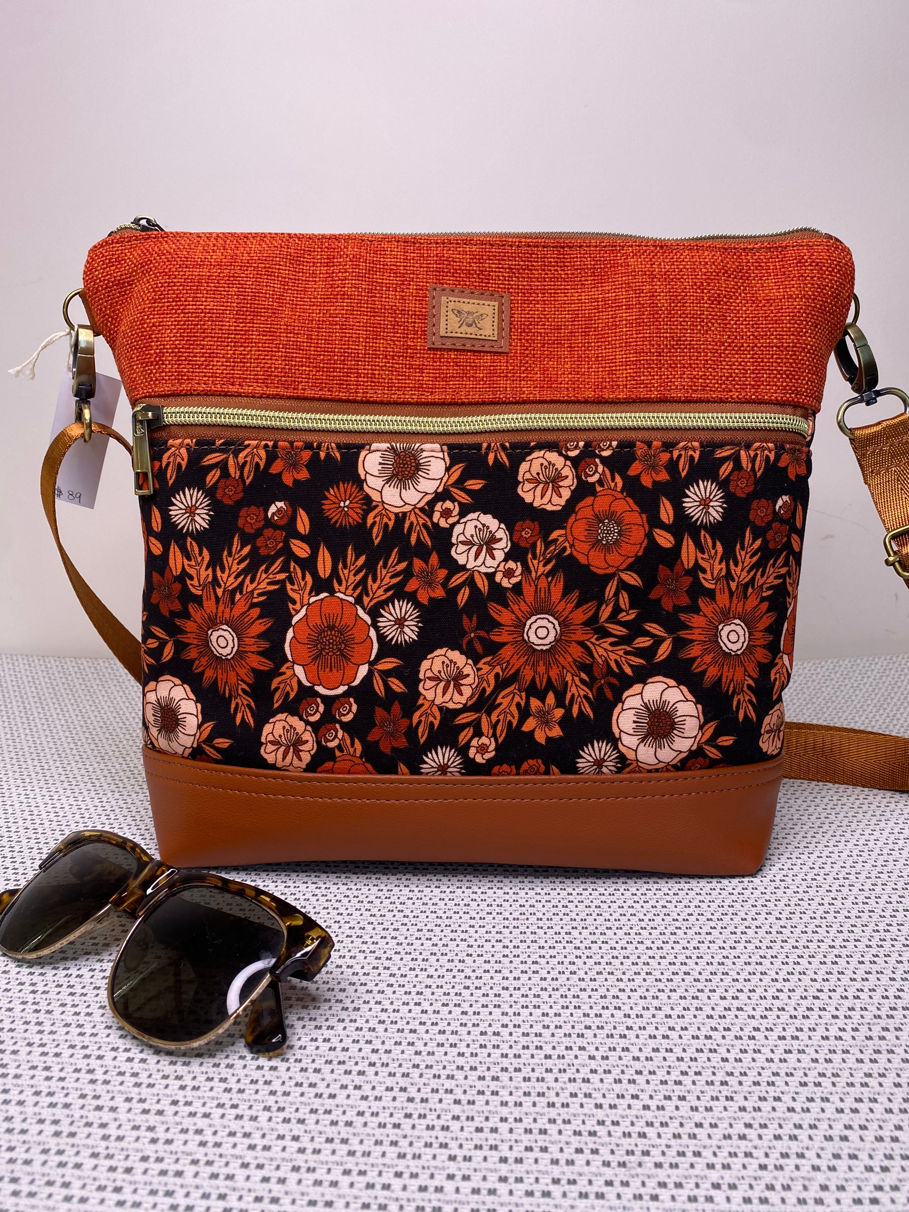 Lola Crossbody Bag - Tan & Orange Retro Floral Fabric, Orange Co-ordinating Fabric and Tan Faux Leather