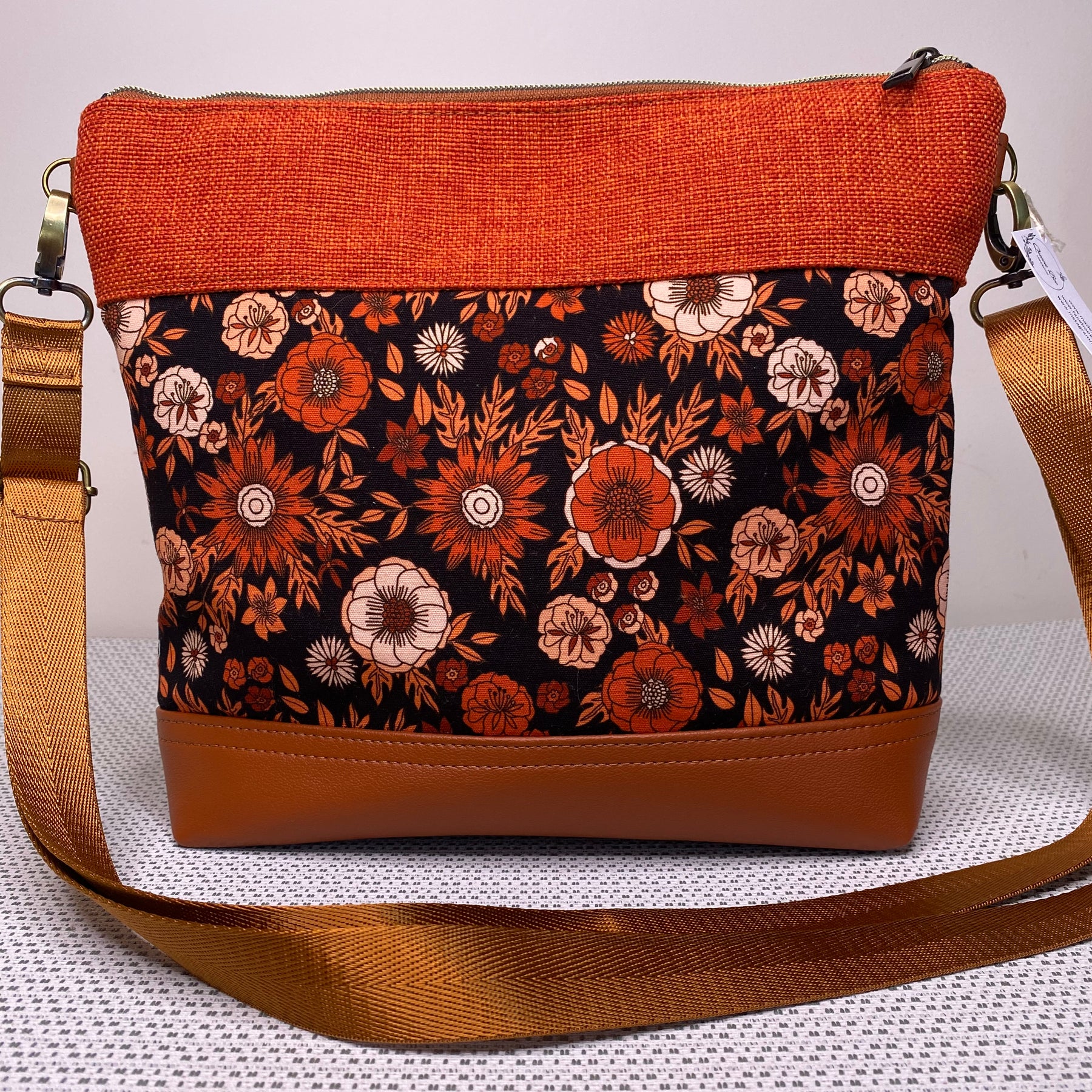 Lola Crossbody Bag - Tan & Orange Retro Floral Fabric, Orange Co-ordinating Fabric and Tan Faux Leather