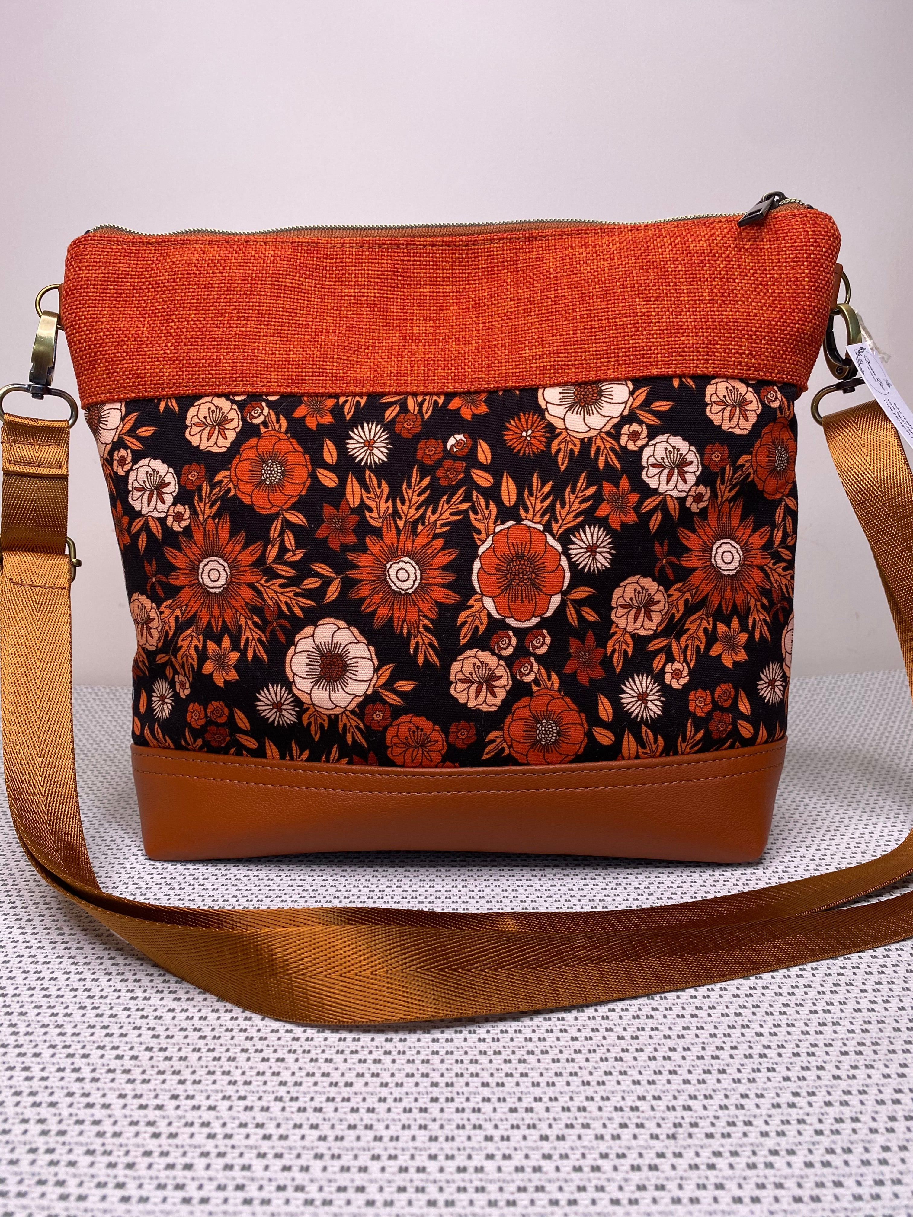 Lola Crossbody Bag - Tan & Orange Retro Floral Fabric, Orange Co-ordinating Fabric and Tan Faux Leather