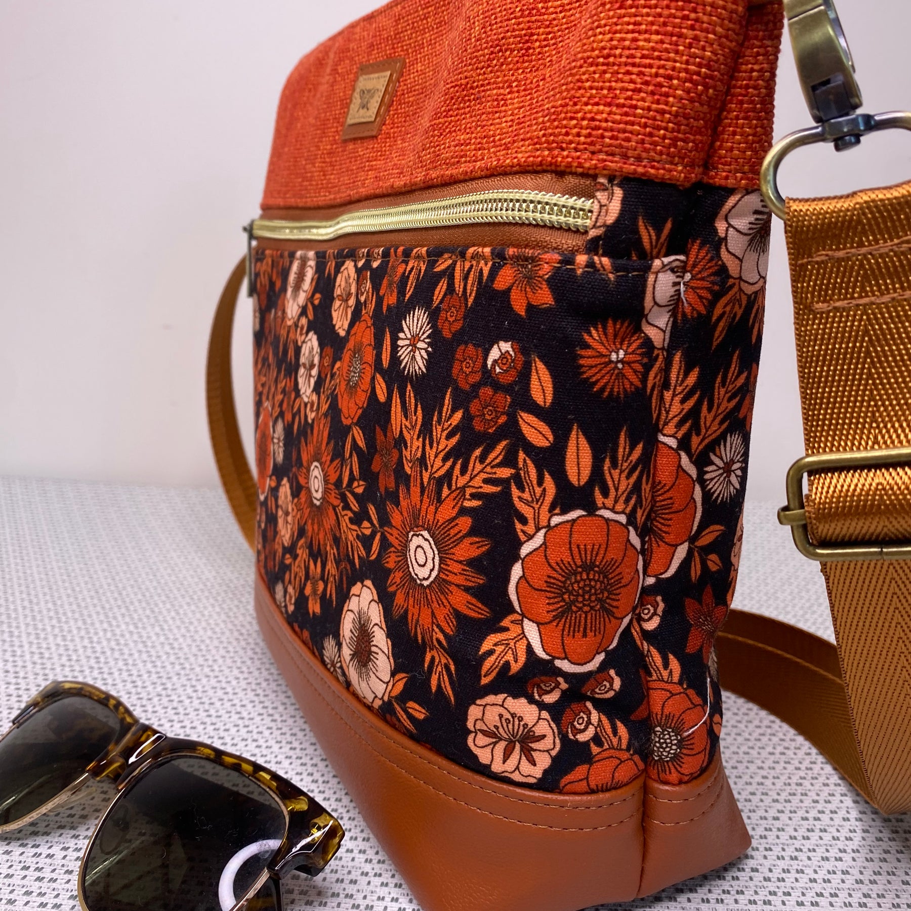 Lola Crossbody Bag - Tan & Orange Retro Floral Fabric, Orange Co-ordinating Fabric and Tan Faux Leather