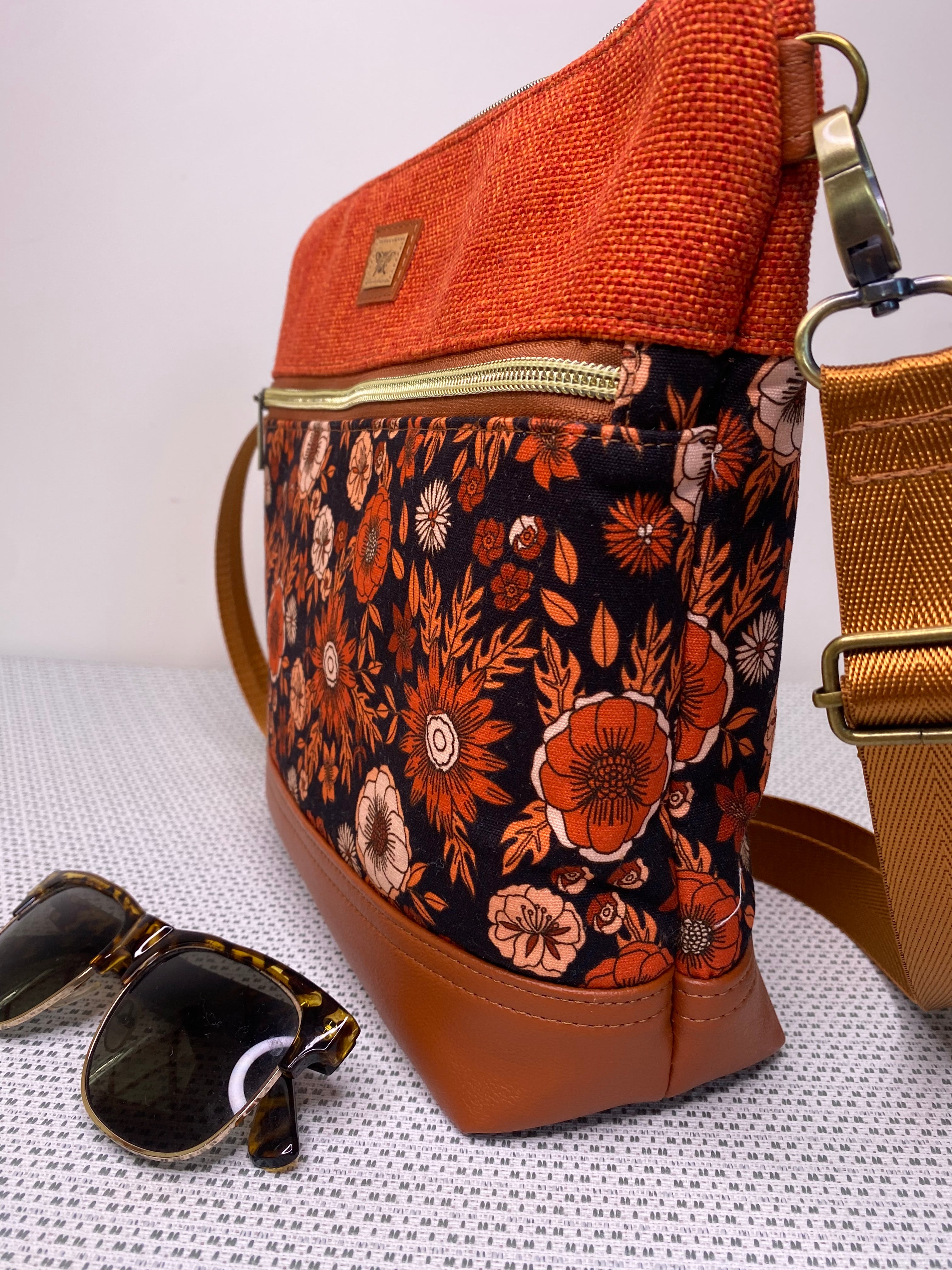 Lola Crossbody Bag - Tan & Orange Retro Floral Fabric, Orange Co-ordinating Fabric and Tan Faux Leather