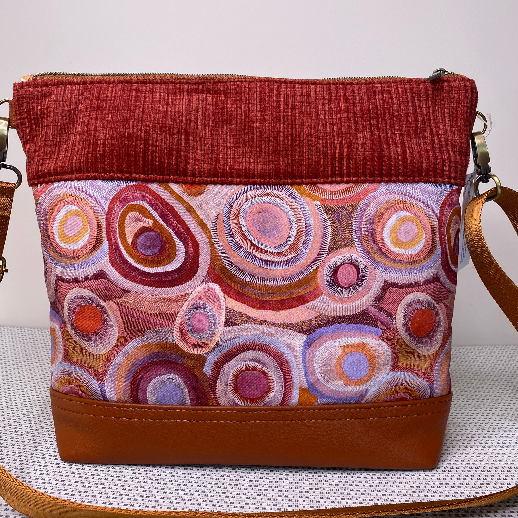 Lola Crossbody Bag - Tan & Mauve Indigenous Fabric with Brown Faux Leather