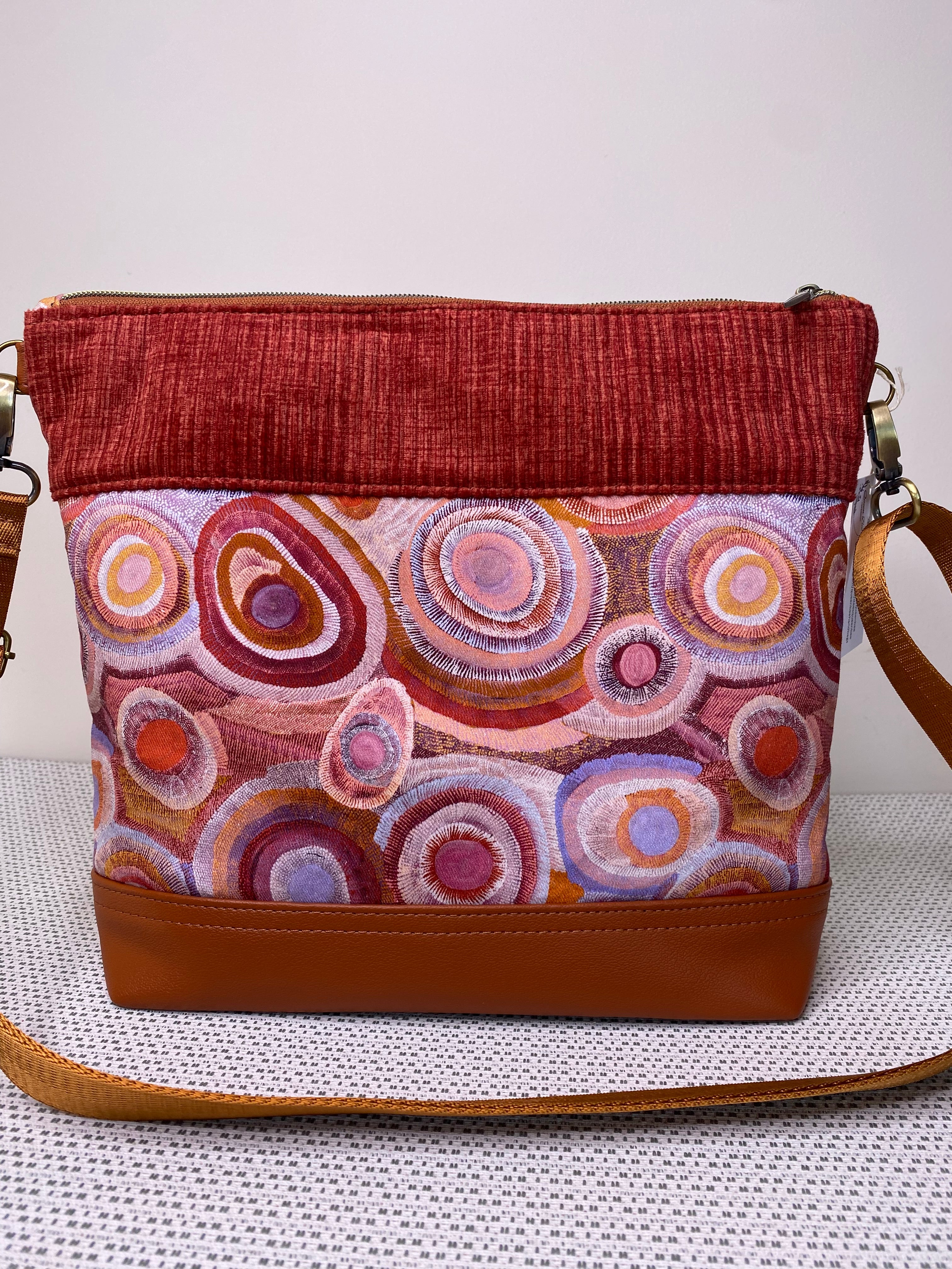 Lola Crossbody Bag - Tan & Mauve Indigenous Fabric with Brown Faux Leather
