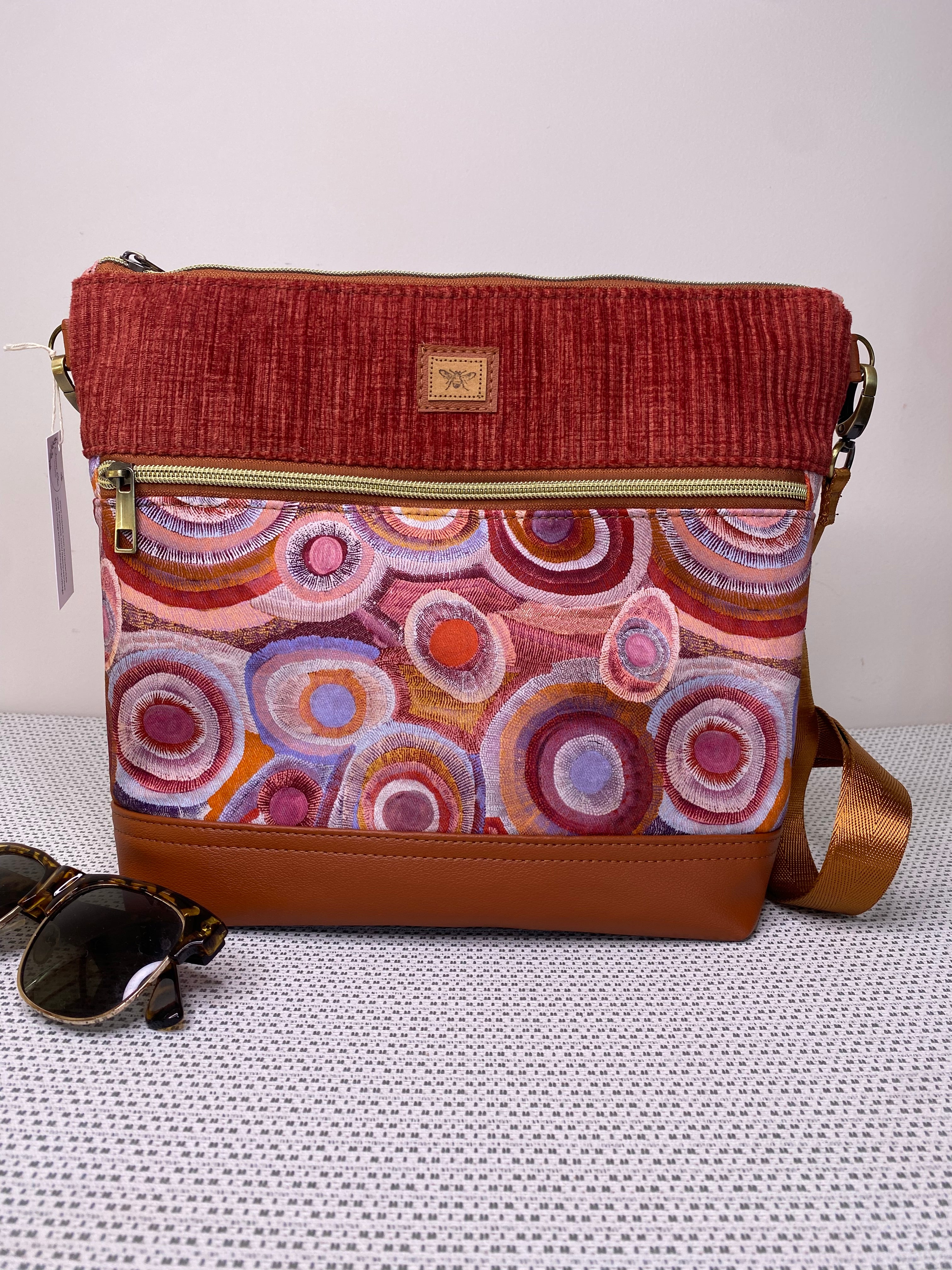 Lola Crossbody Bag - Tan & Mauve Indigenous Fabric with Brown Faux Leather