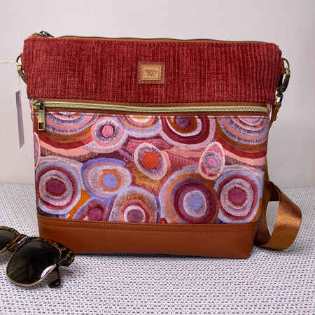 Lola Crossbody Bag - Tan & Mauve Indigenous Fabric with Brown Faux Leather