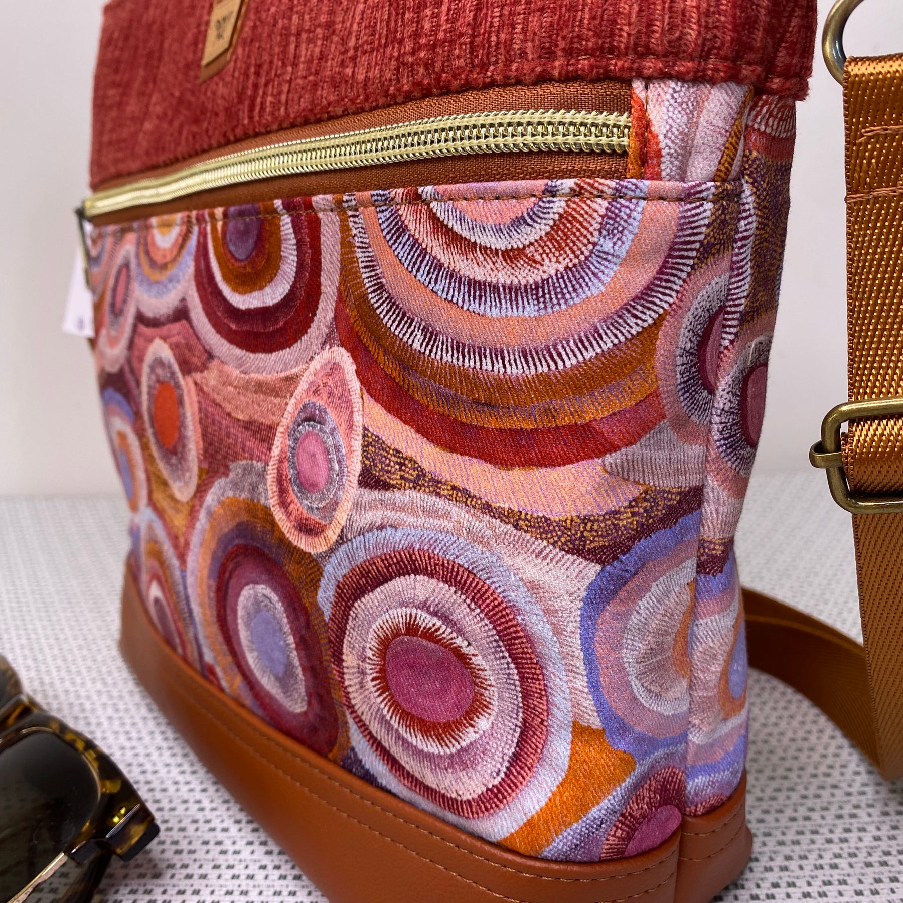 Lola Crossbody Bag - Tan & Mauve Indigenous Fabric with Brown Faux Leather