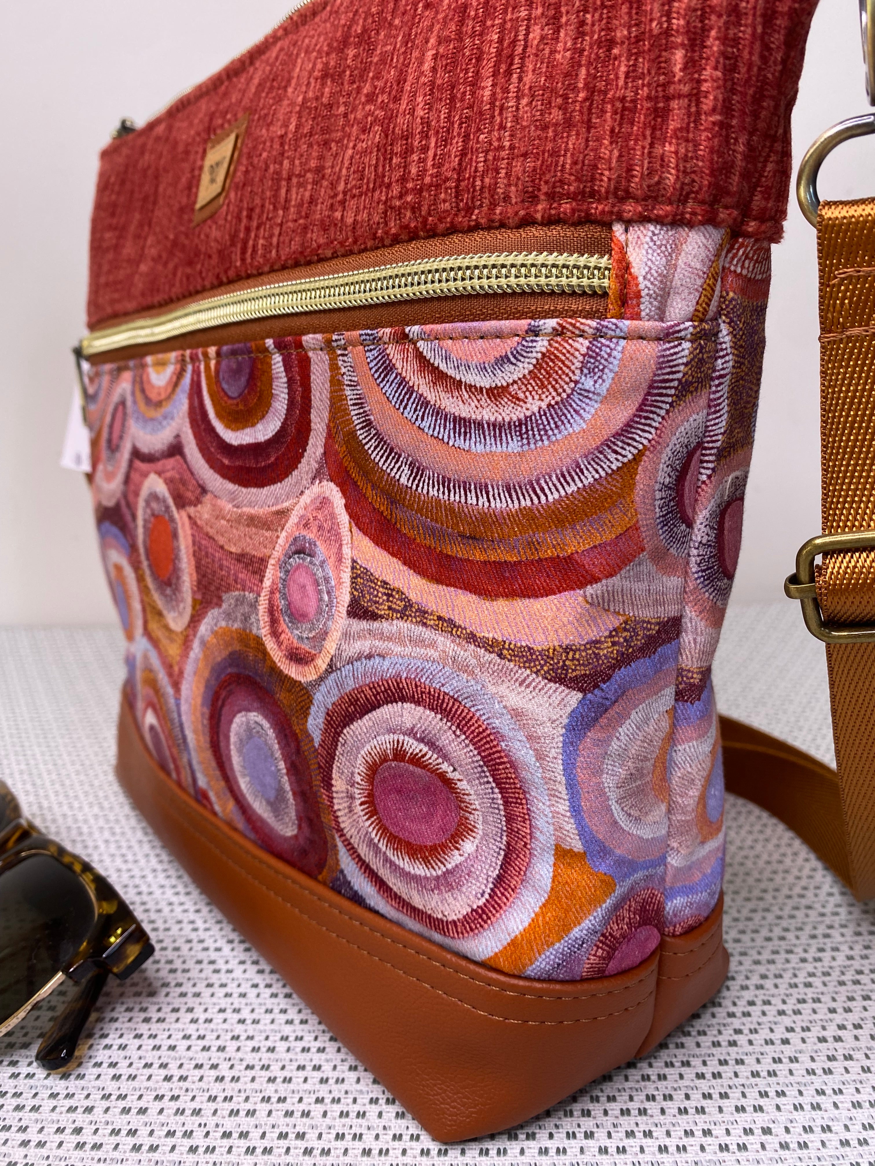 Lola Crossbody Bag - Tan & Mauve Indigenous Fabric with Brown Faux Leather