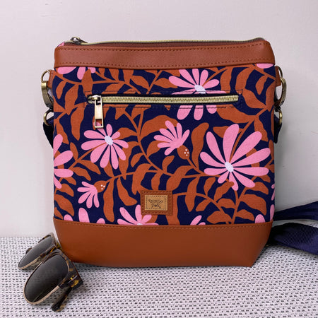 Mia Crossbody Bag - Trailing Flowers in Pink on Navy Fabric with Black Faux Leather