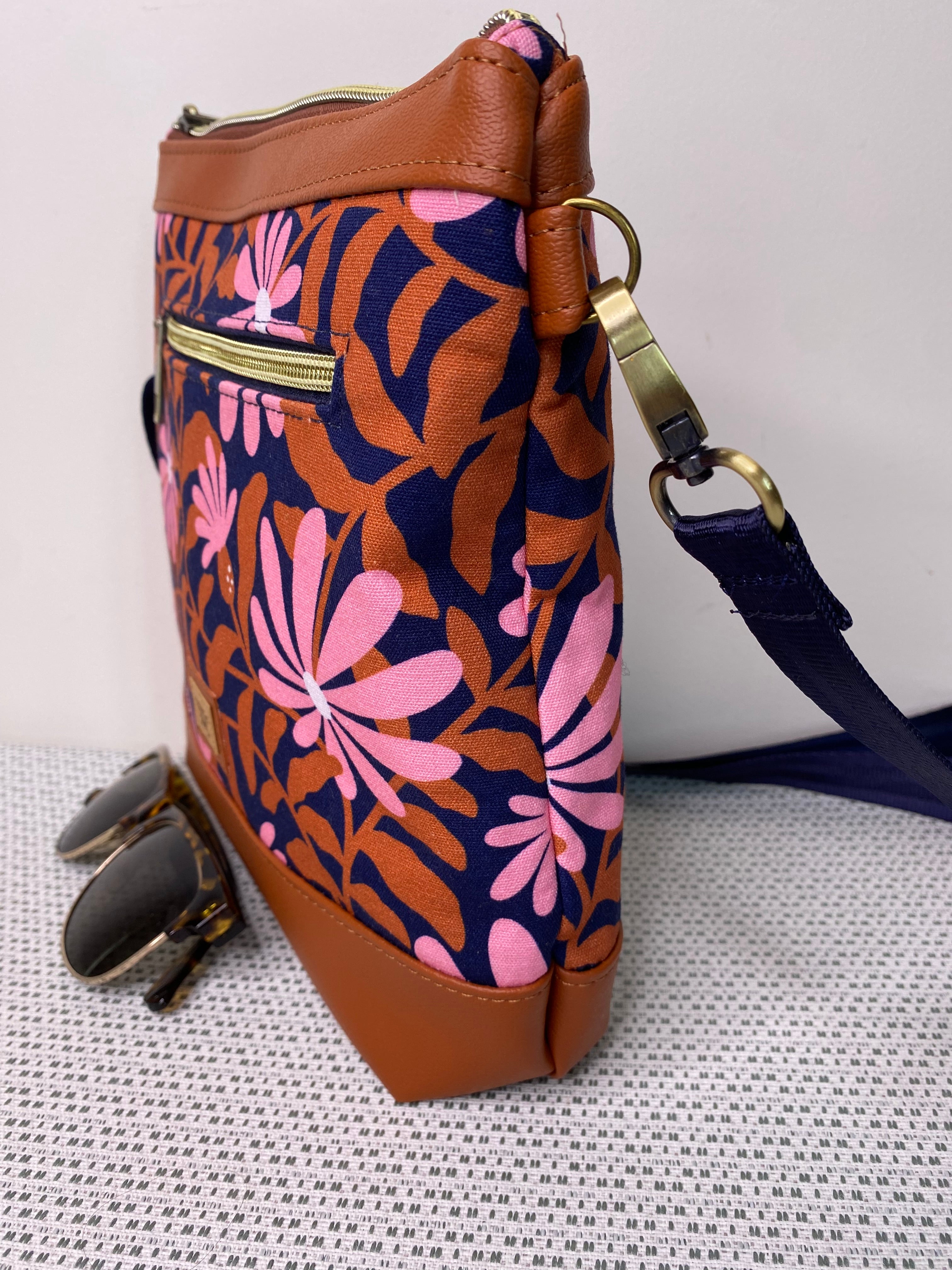 Mia Crossbody Bag - Trailing Flowers in Pink on Navy Fabric with Black Faux Leather