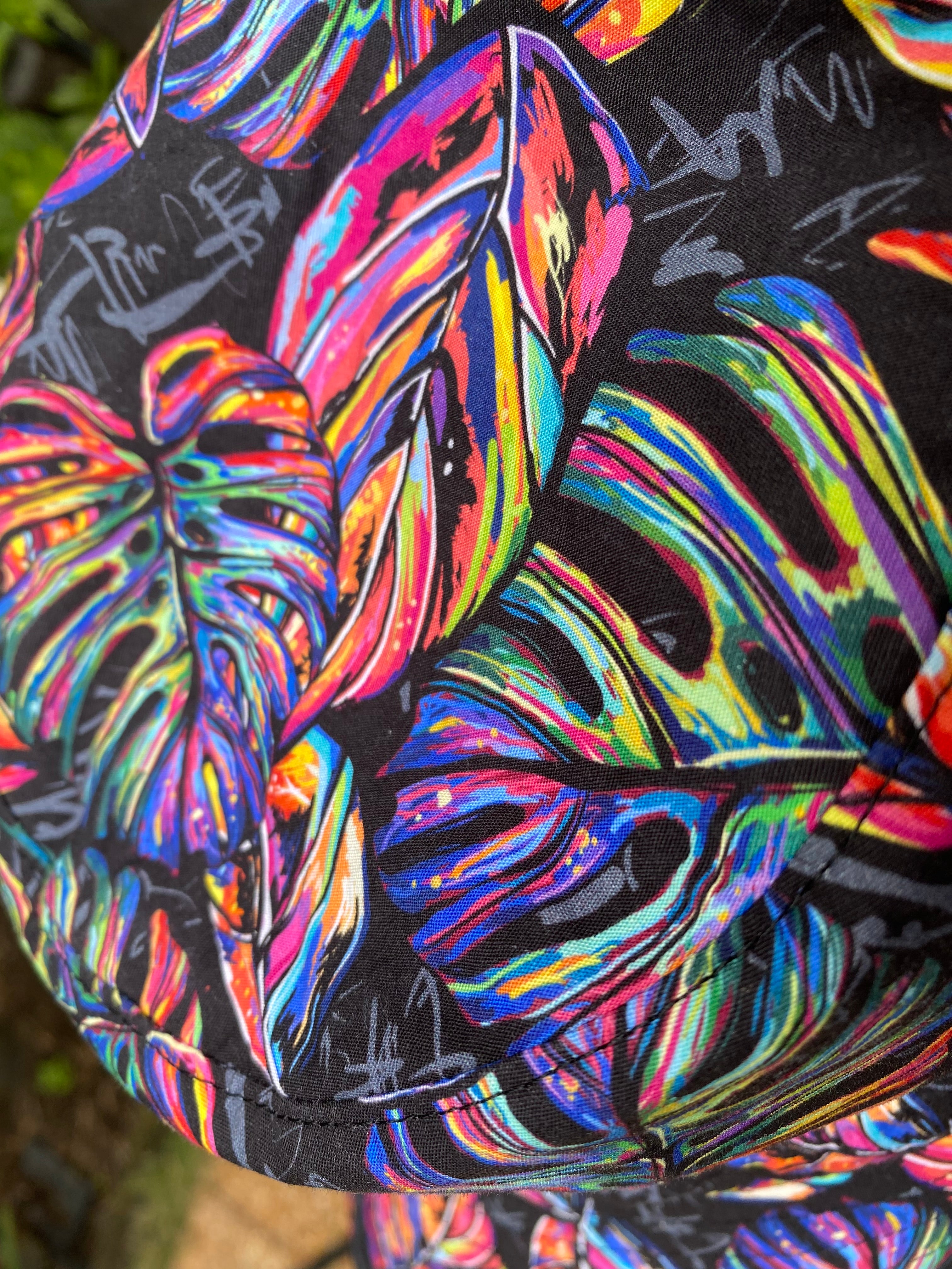 Large Adult Bucket Hat Bright Leaves on Black