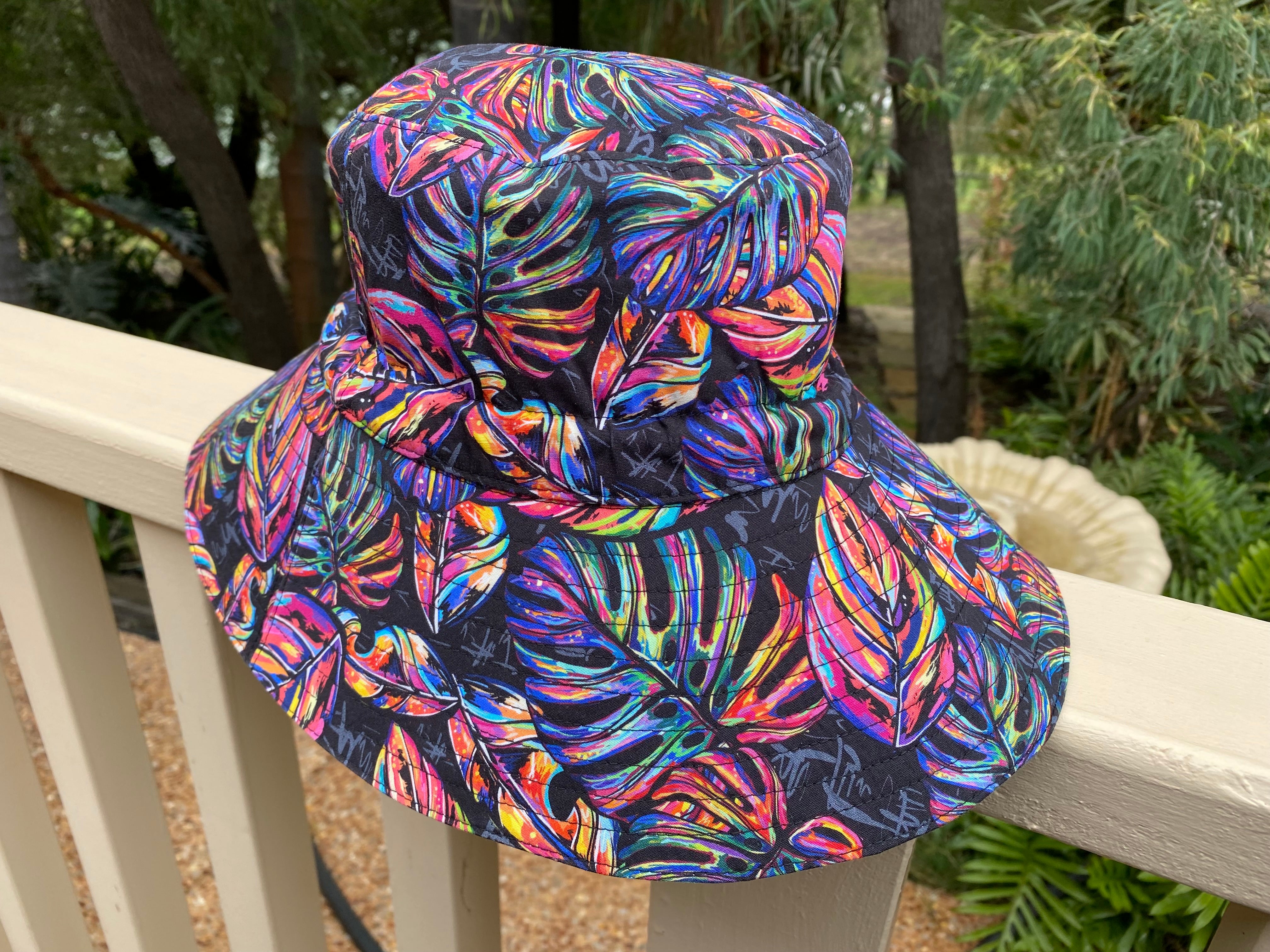 Large Adult Bucket Hat Bright Leaves on Black