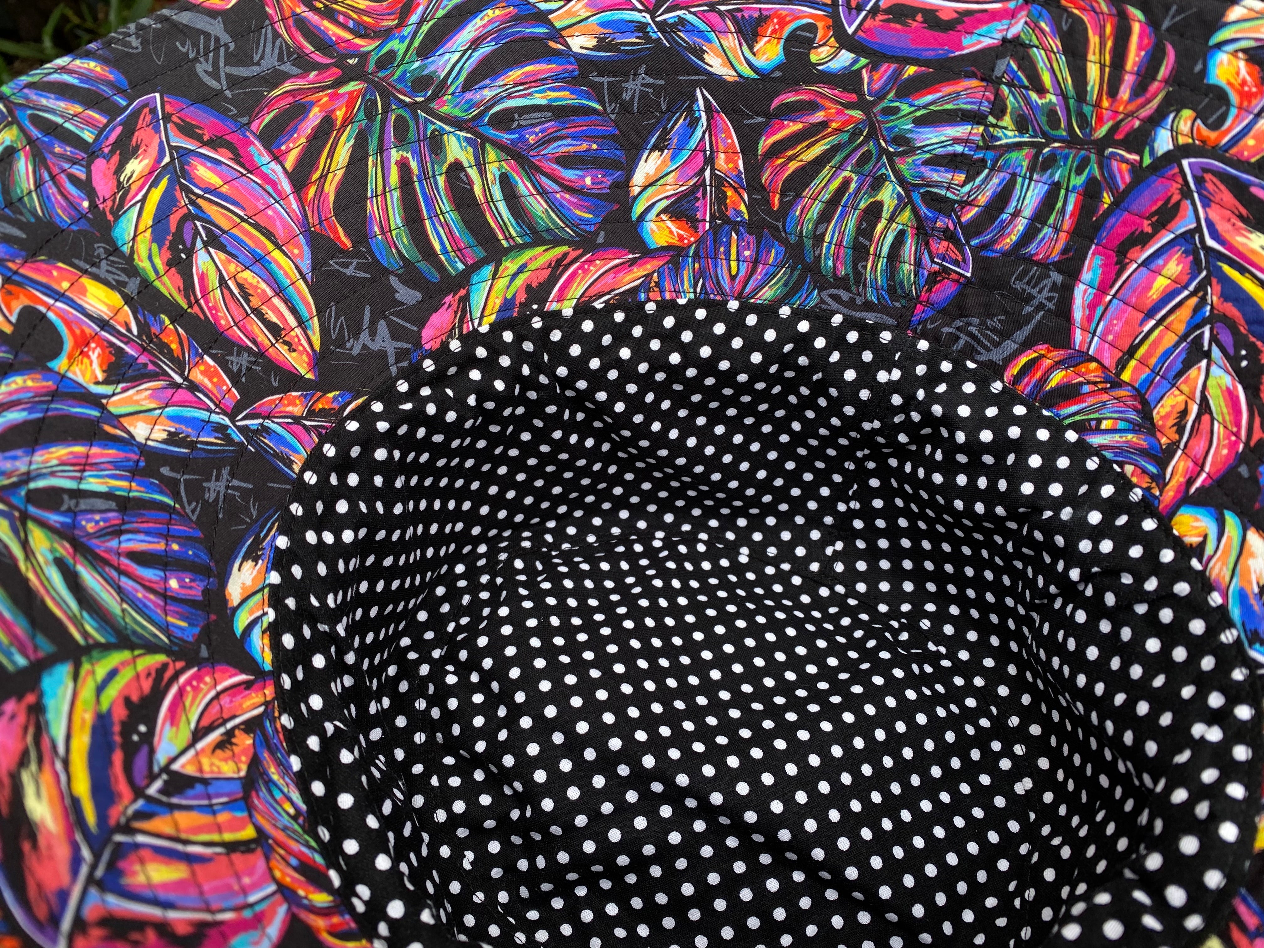 Large Adult Bucket Hat Bright Leaves on Black