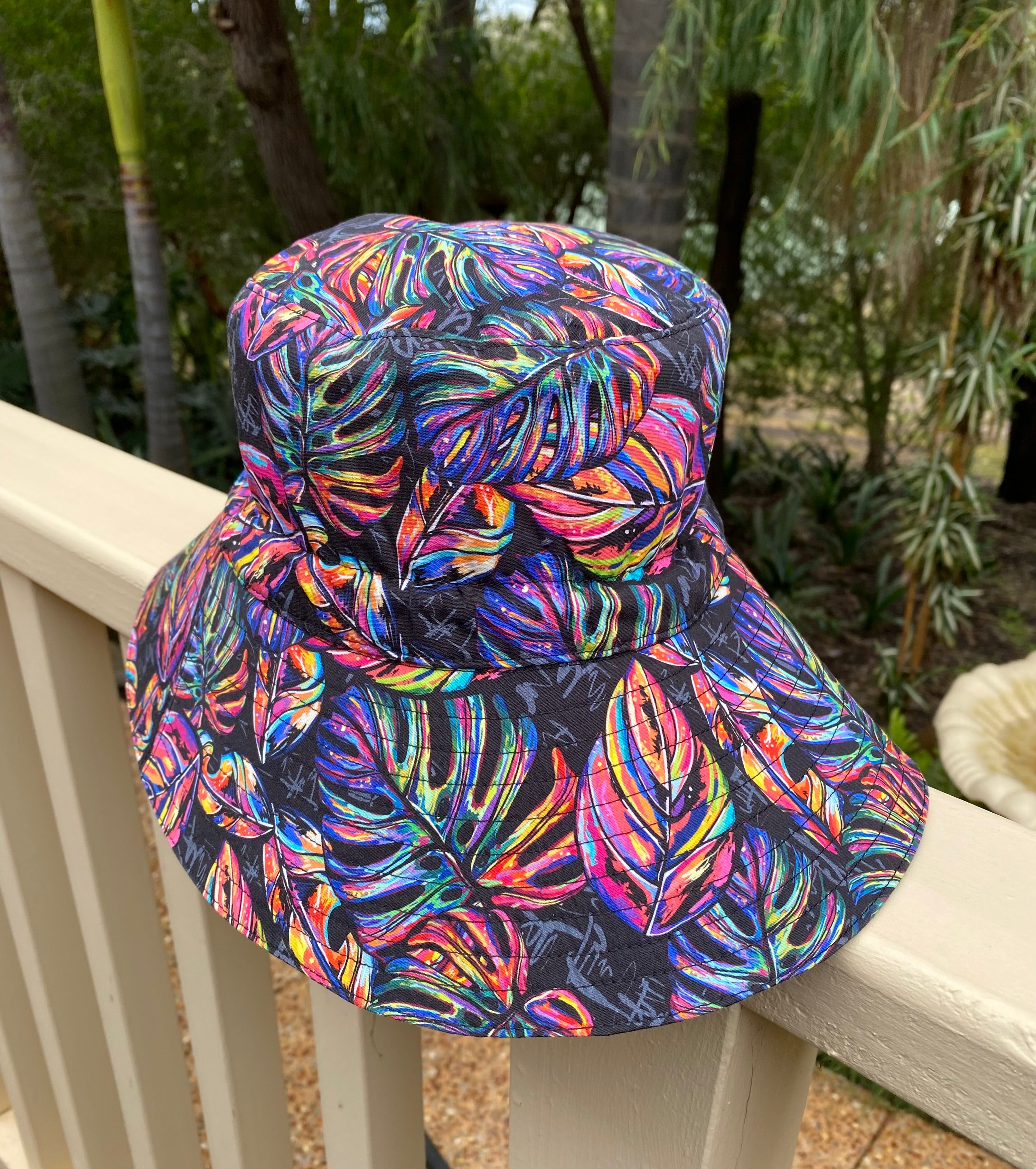 Large Adult Bucket Hat Bright Leaves on Black