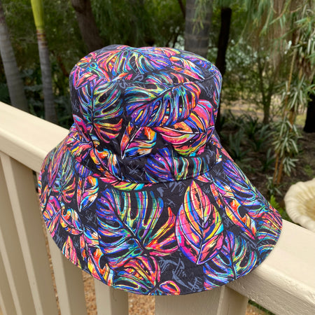 Large Adult Bucket Hat Bright Leaves on Black