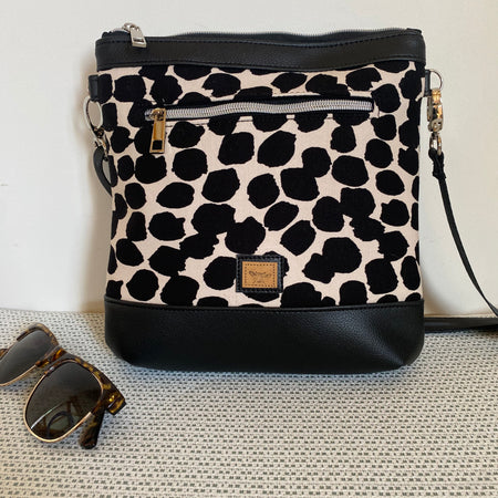 Mia Crossbody Bag - Black & White Spot Fabric with Black Faux Leather