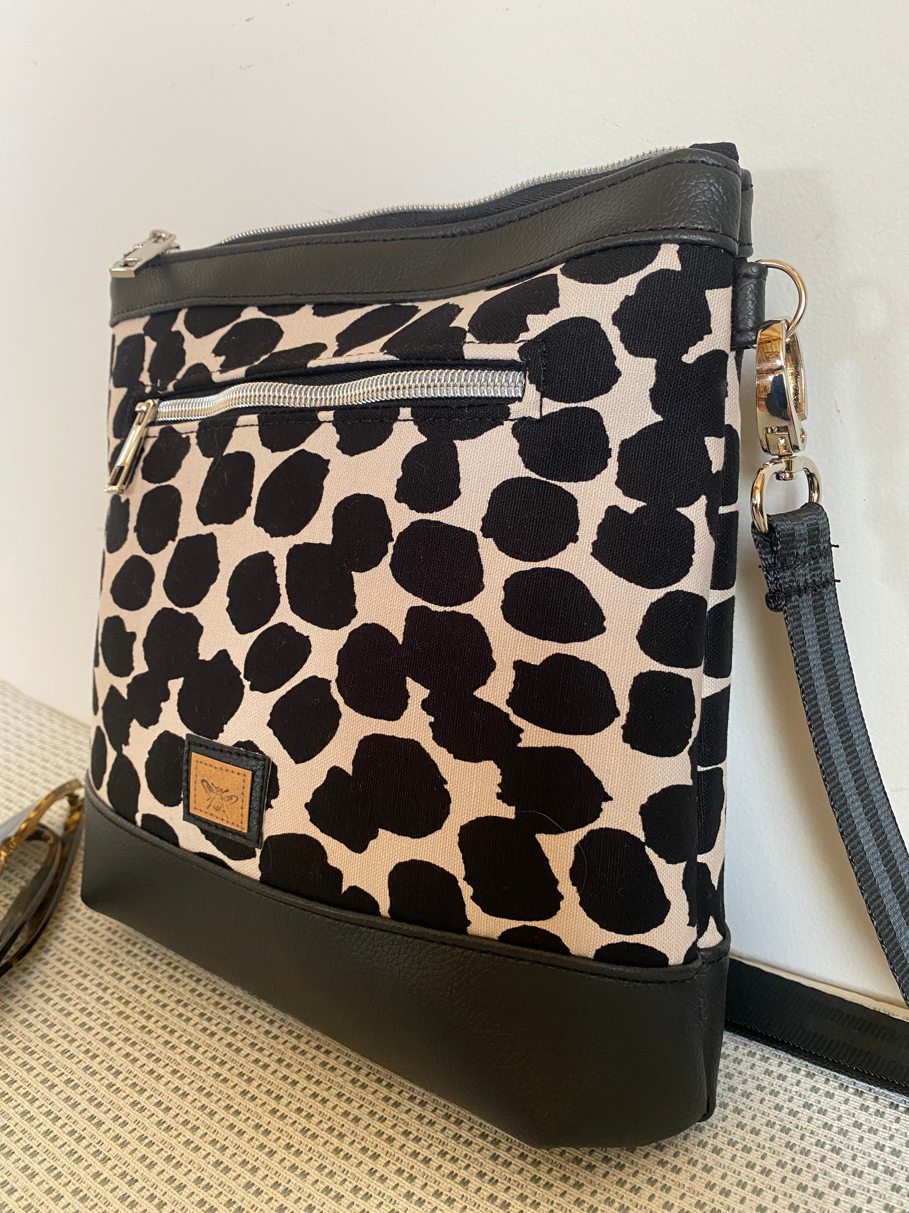 Mia Crossbody Bag - Black & White Spot Fabric with Black Faux Leather