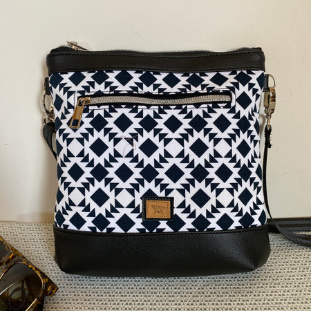 Mia Crossbody Bag - Black & White Geometric Design Fabric with Black Faux Leather
