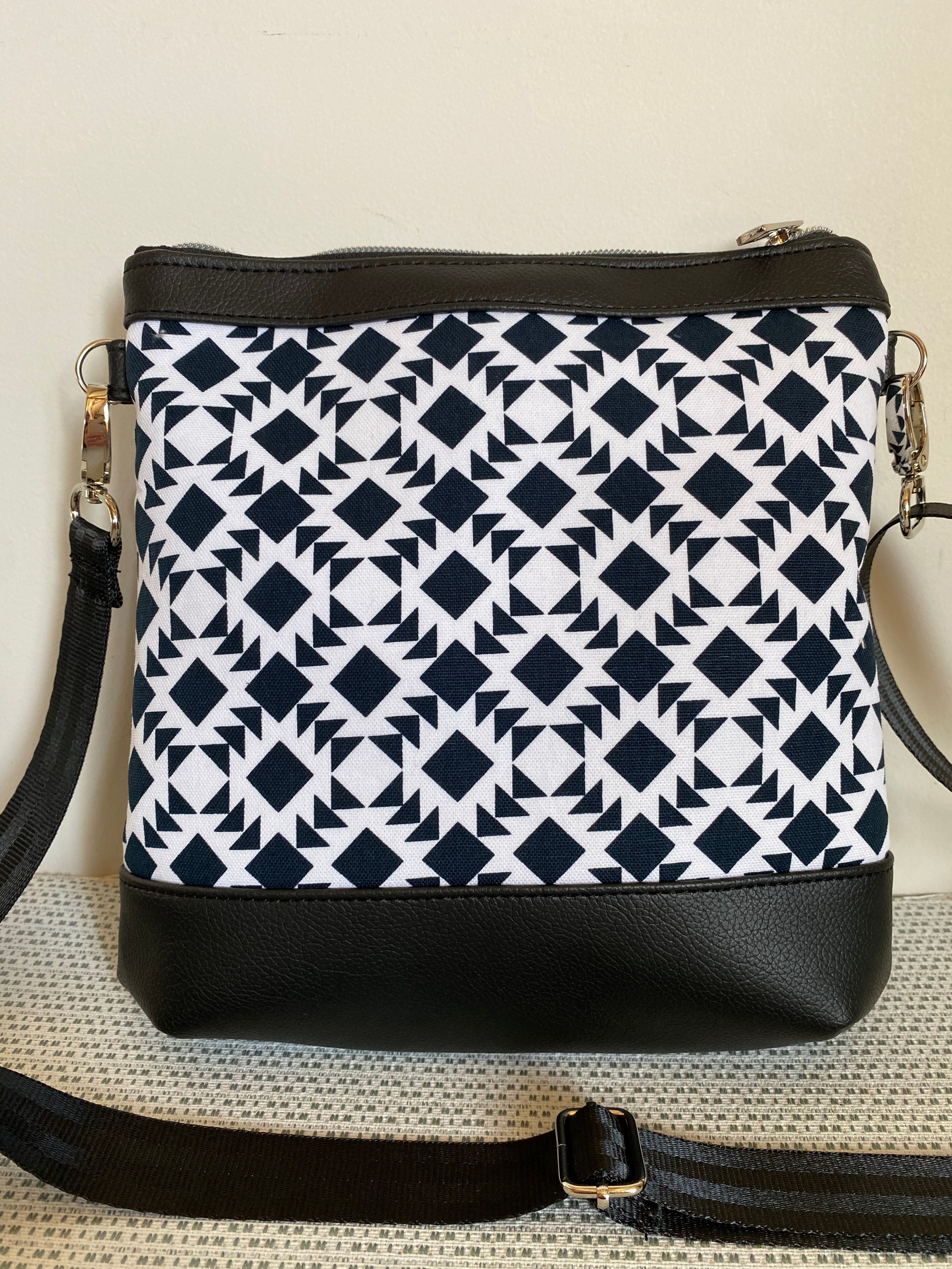 Mia Crossbody Bag - Black & White Geometric Design Fabric with Black Faux Leather